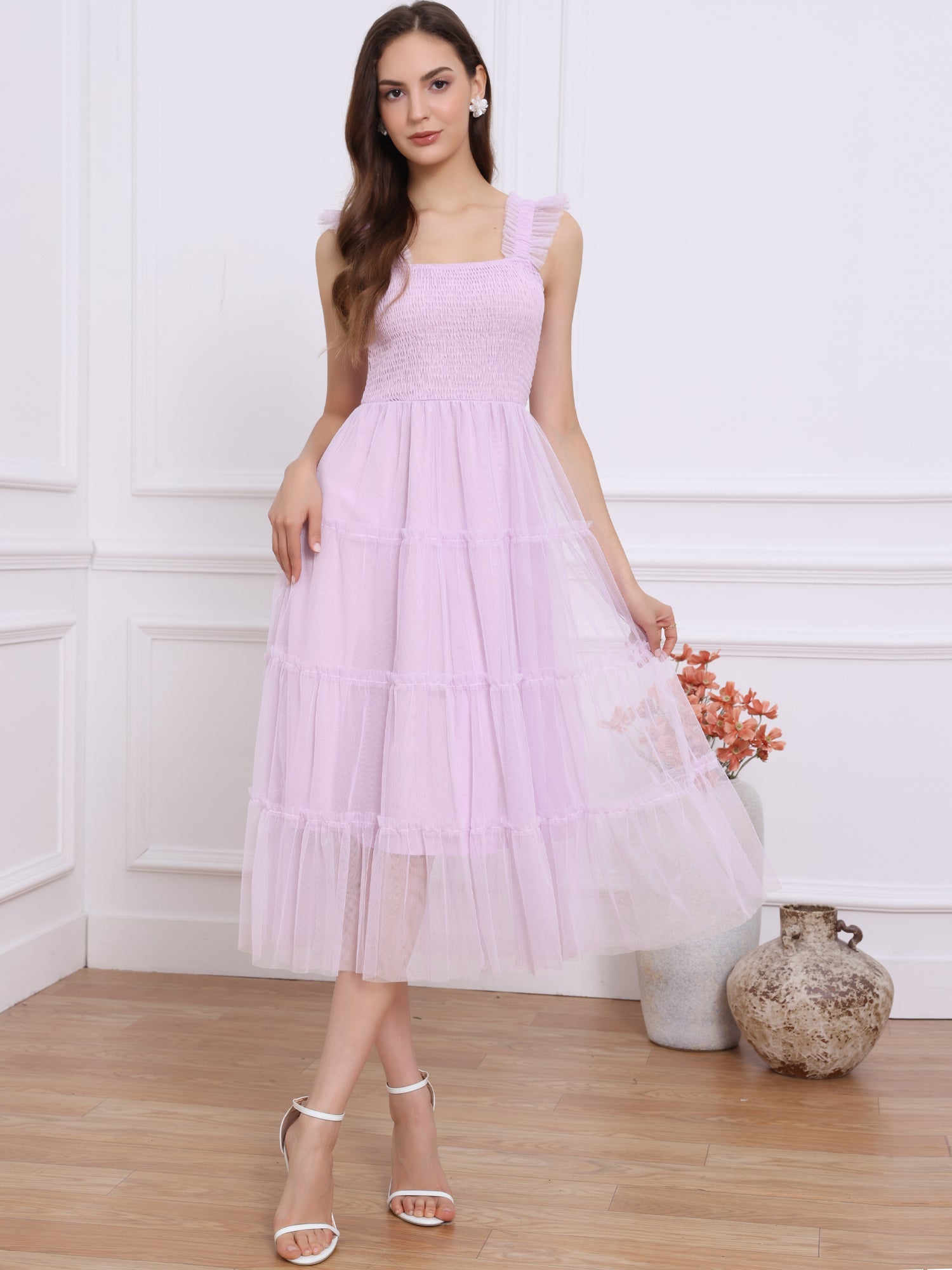 Smocked Tiered Ruffled Sleeveless Midi A-Line Dress