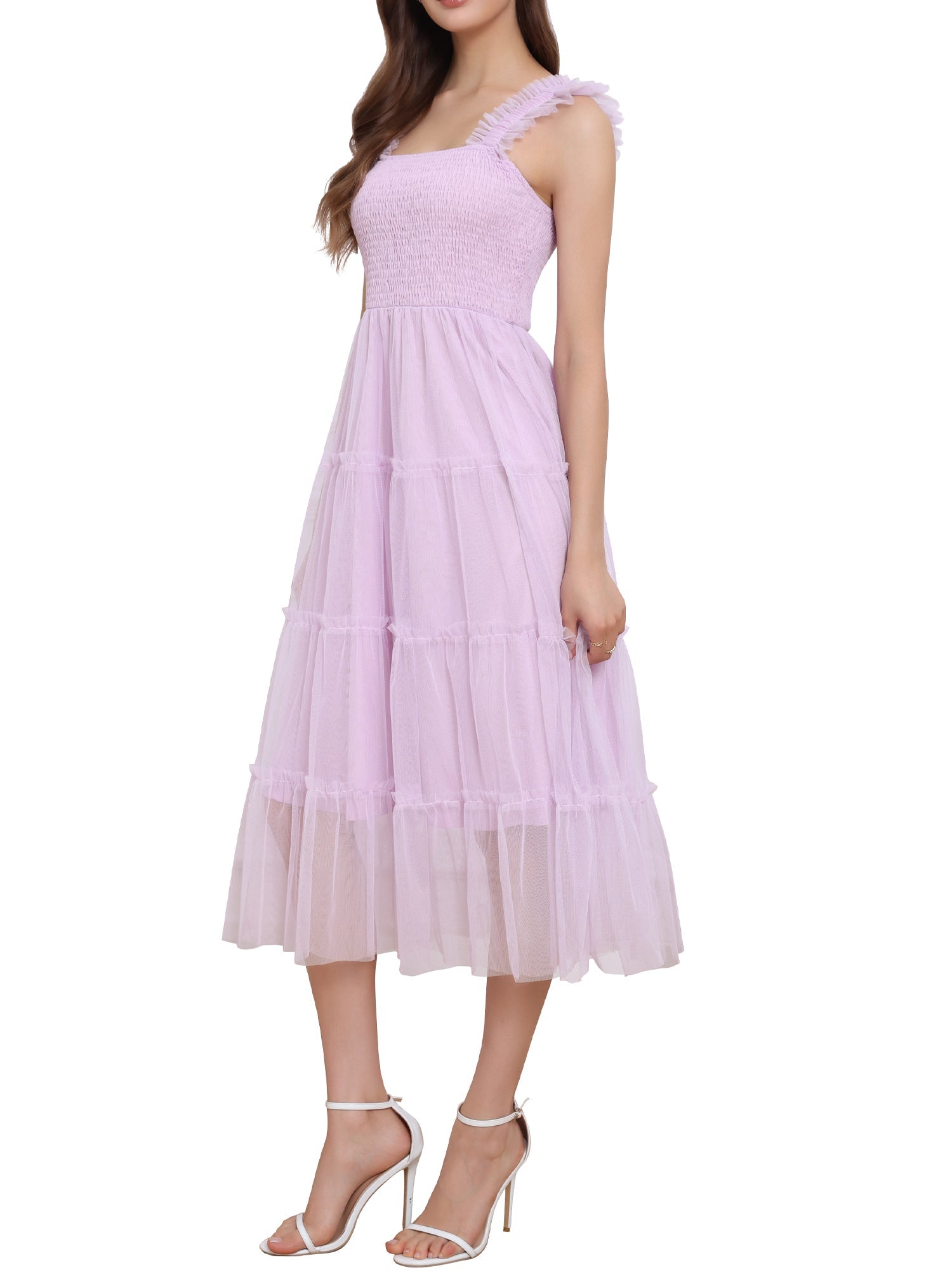 Smocked Tiered Ruffled Sleeveless Midi A-Line Dress