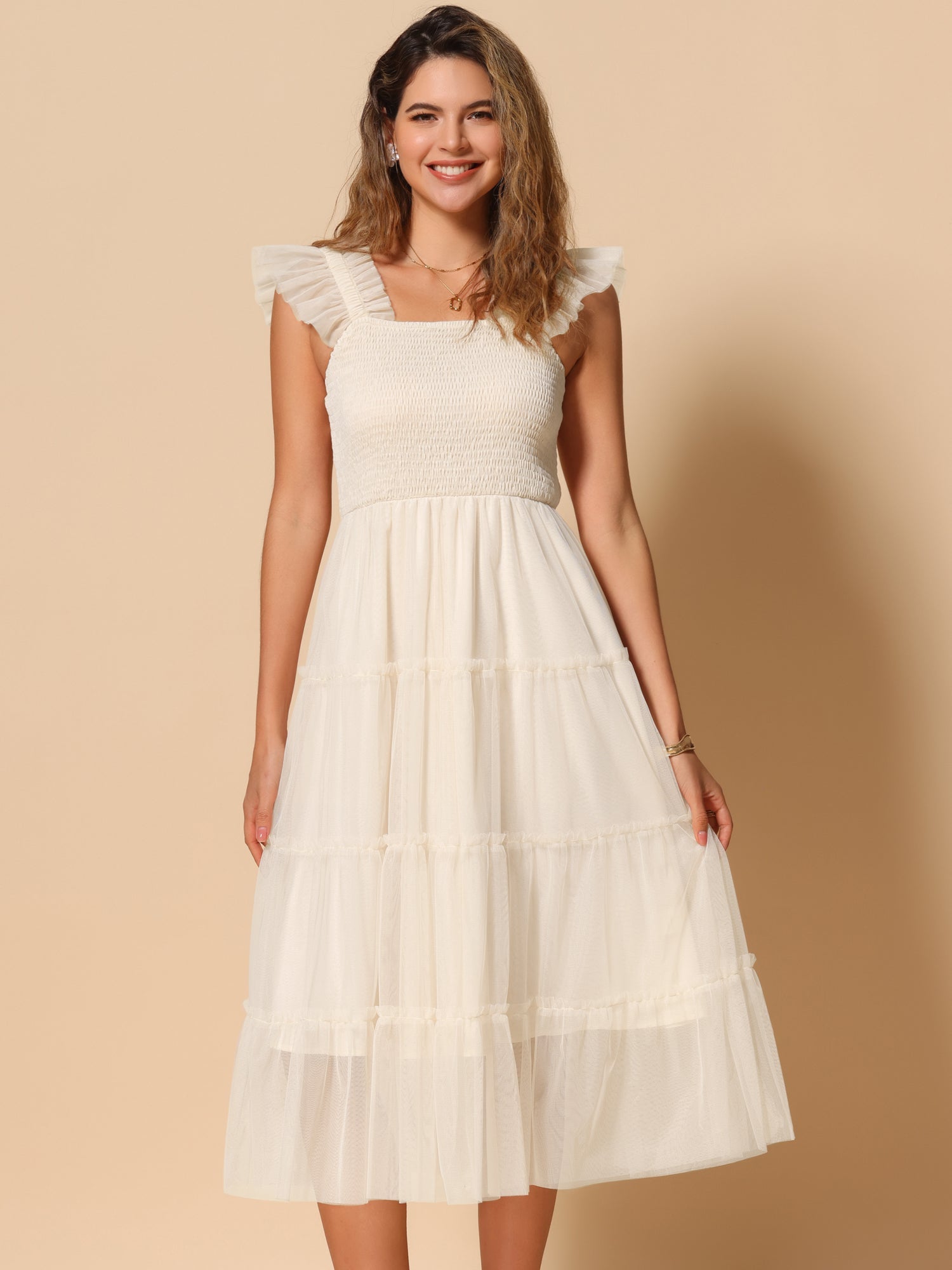 Smocked Tiered Ruffled Sleeveless Midi A-Line Dress