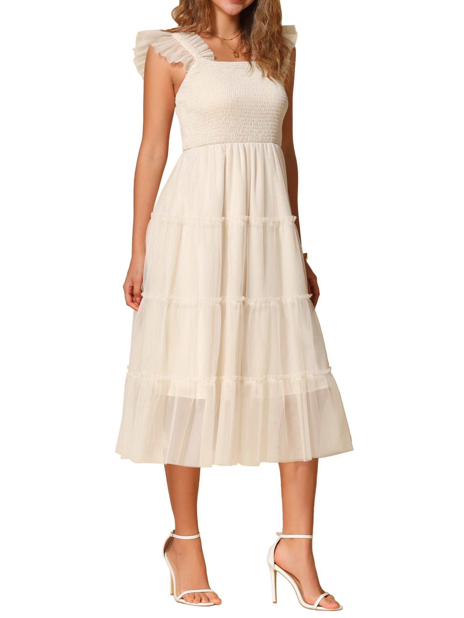 Smocked Tiered Ruffled Sleeveless Midi A-Line Dress