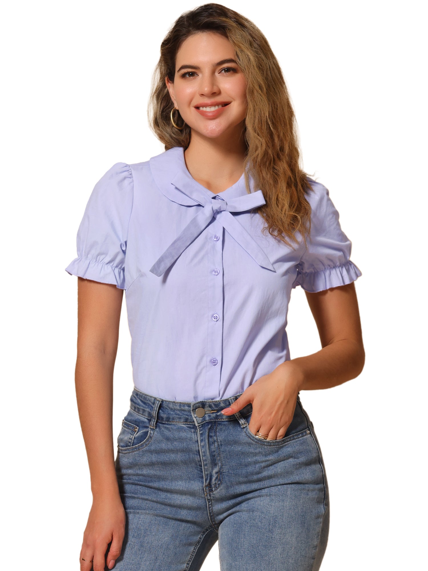 Peter Pan Collar Tie Neck Casual Cute Cotton Button-Up Shirt