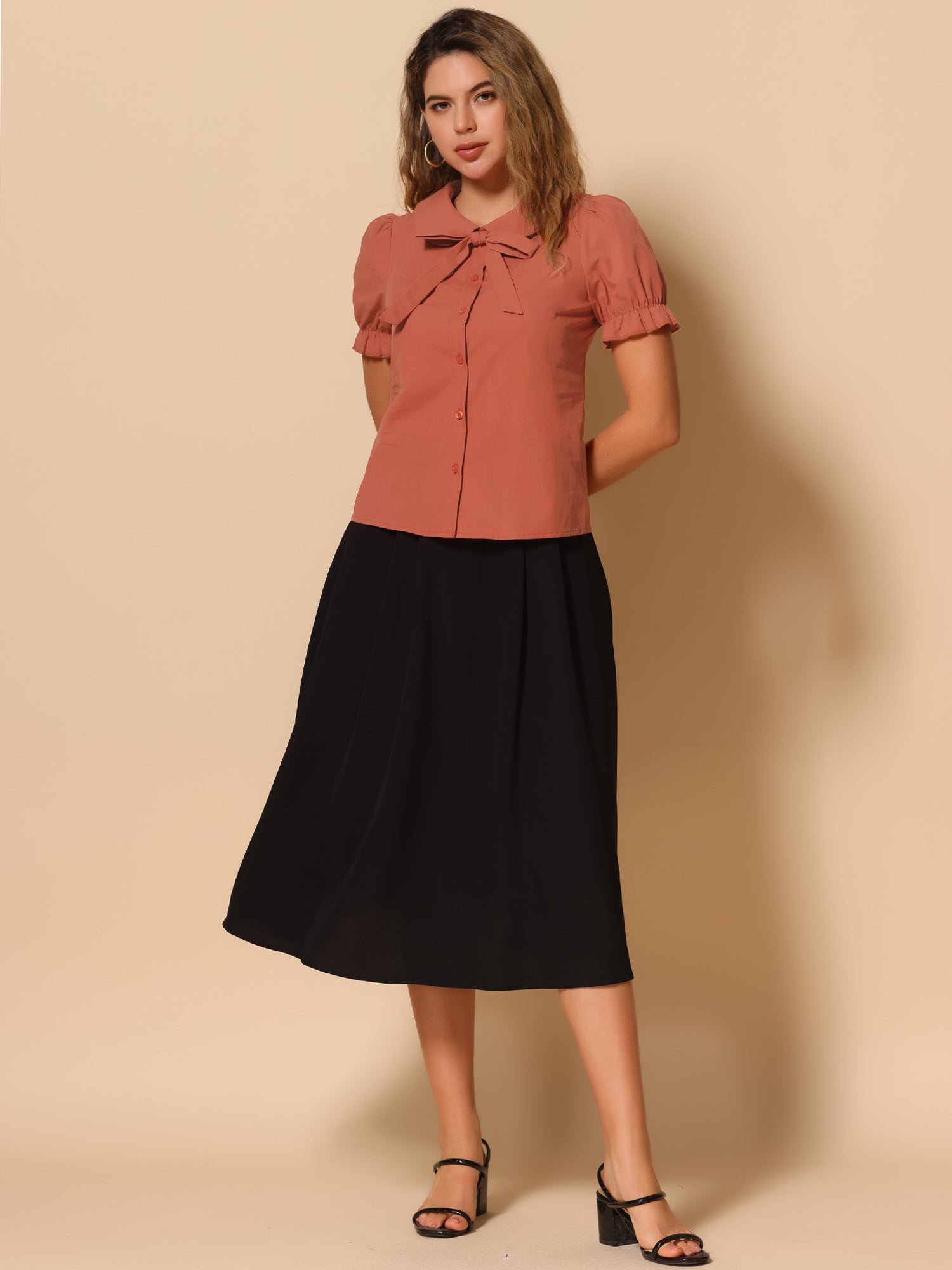 Peter Pan Collar Tie Neck Casual Cute Cotton Button-Up Shirt