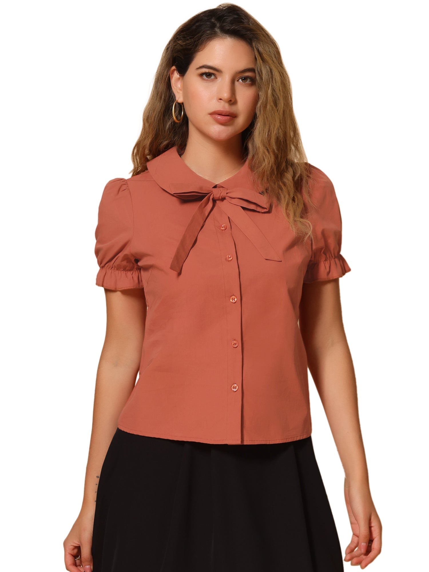 Peter Pan Collar Tie Neck Casual Cute Cotton Button-Up Shirt