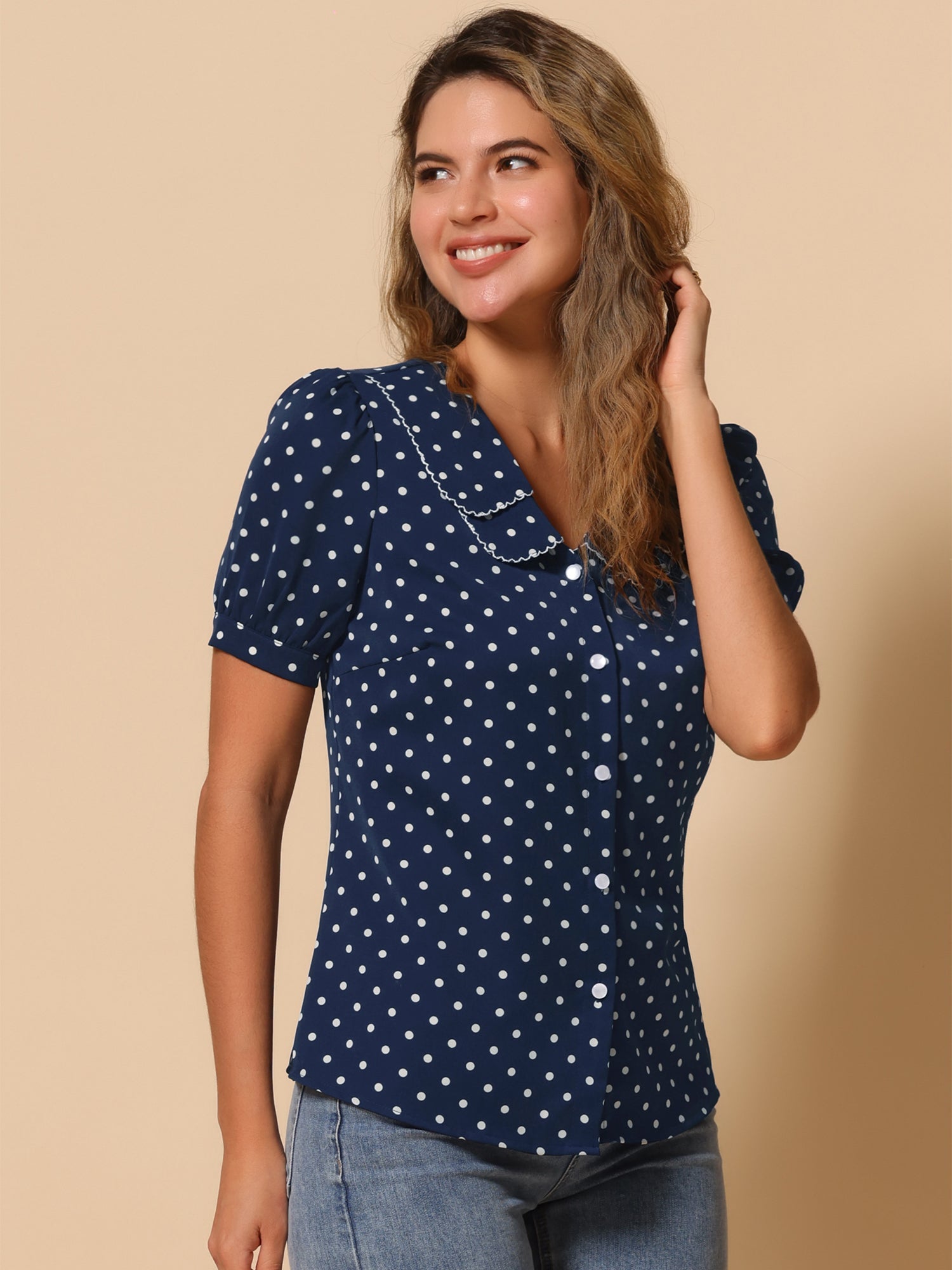 Polka Dot Peter Pan Collar Rockabilly Puff Short Sleeve Shirt