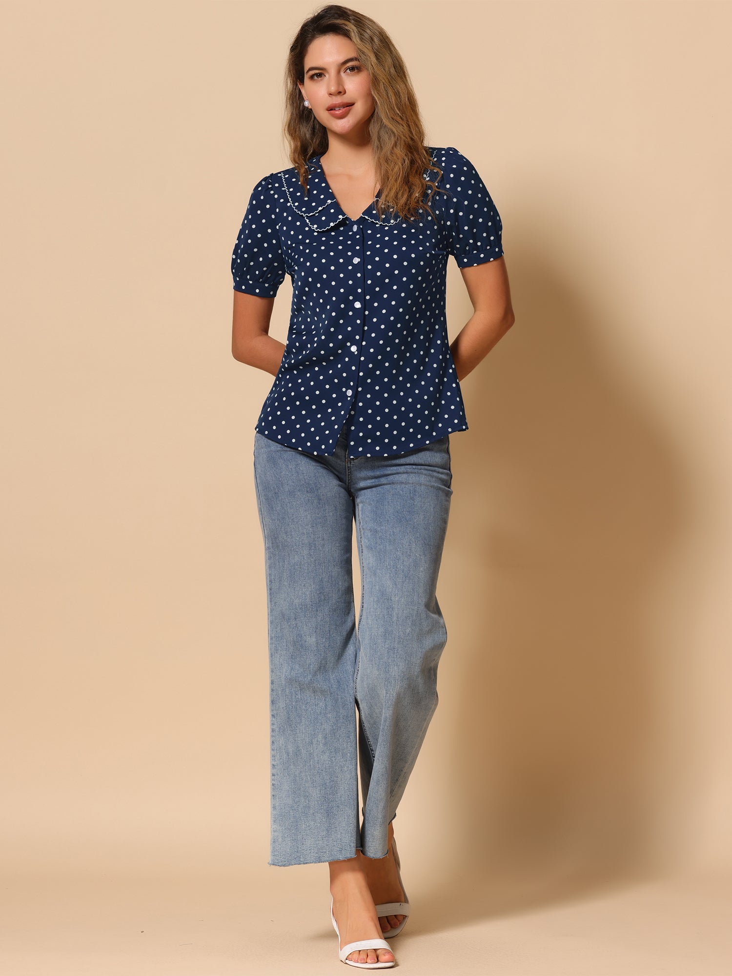 Polka Dot Peter Pan Collar Rockabilly Puff Short Sleeve Shirt