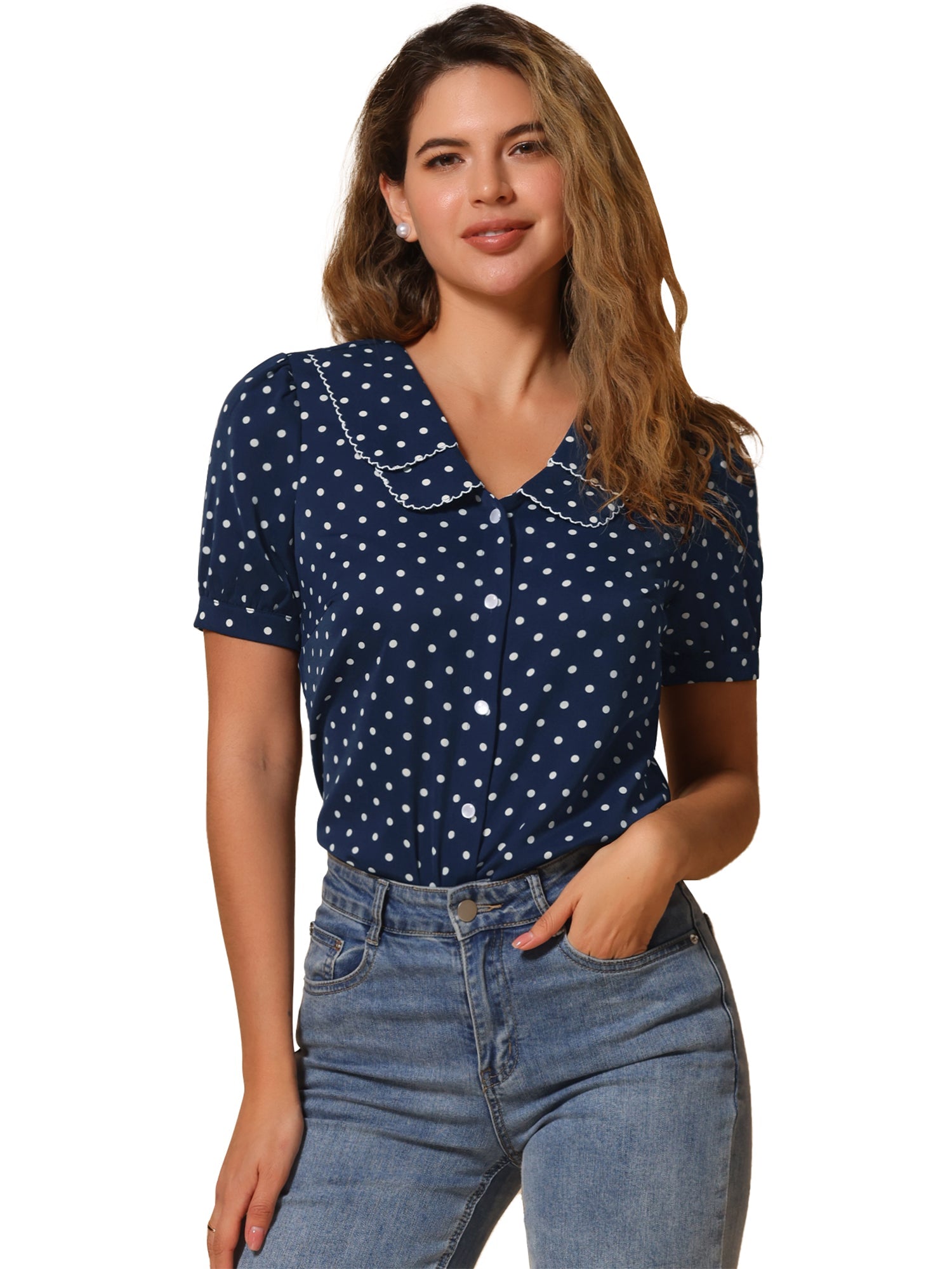 Polka Dot Peter Pan Collar Rockabilly Puff Short Sleeve Shirt
