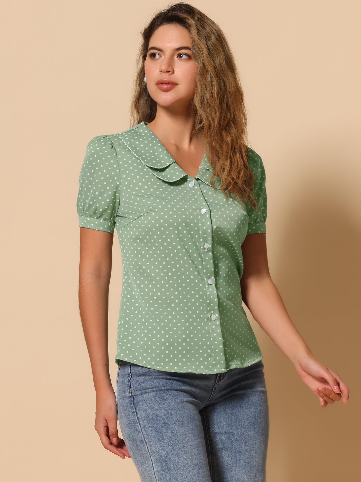 Polka Dot Peter Pan Collar Rockabilly Puff Short Sleeve Shirt