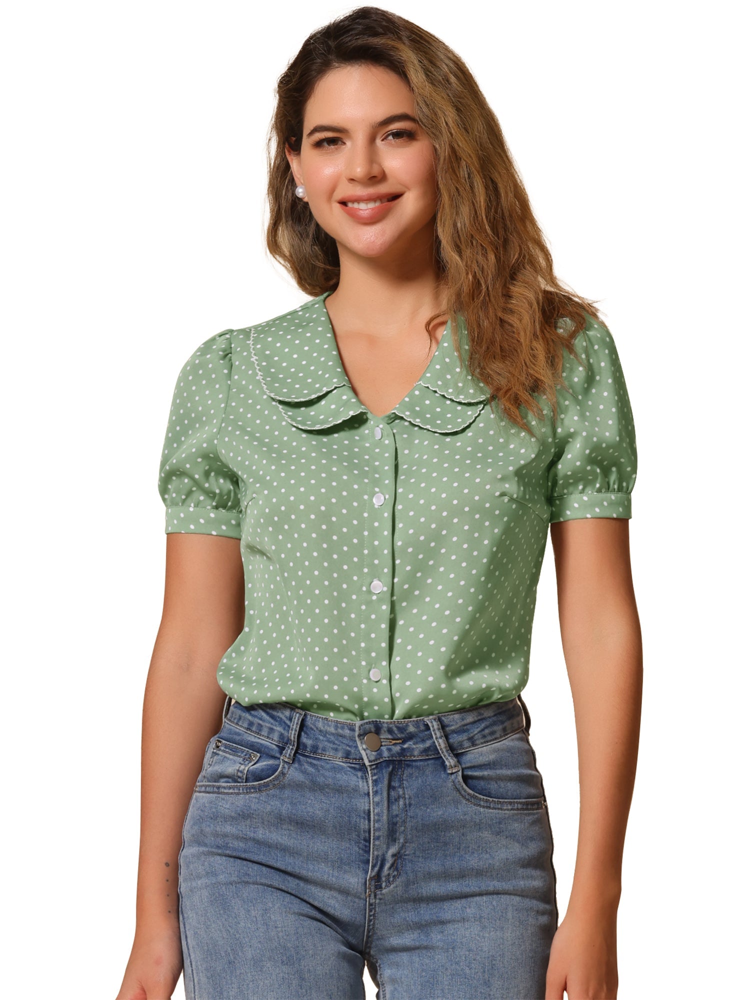 Polka Dot Peter Pan Collar Rockabilly Puff Short Sleeve Shirt