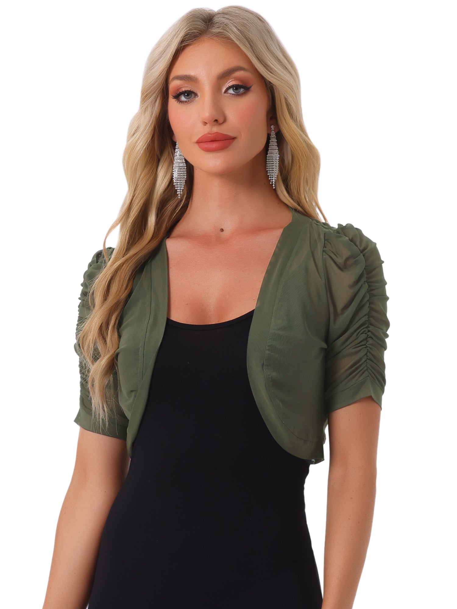 Short Sleeve Open Front Cropped Mesh Sheer Bolero Shrug