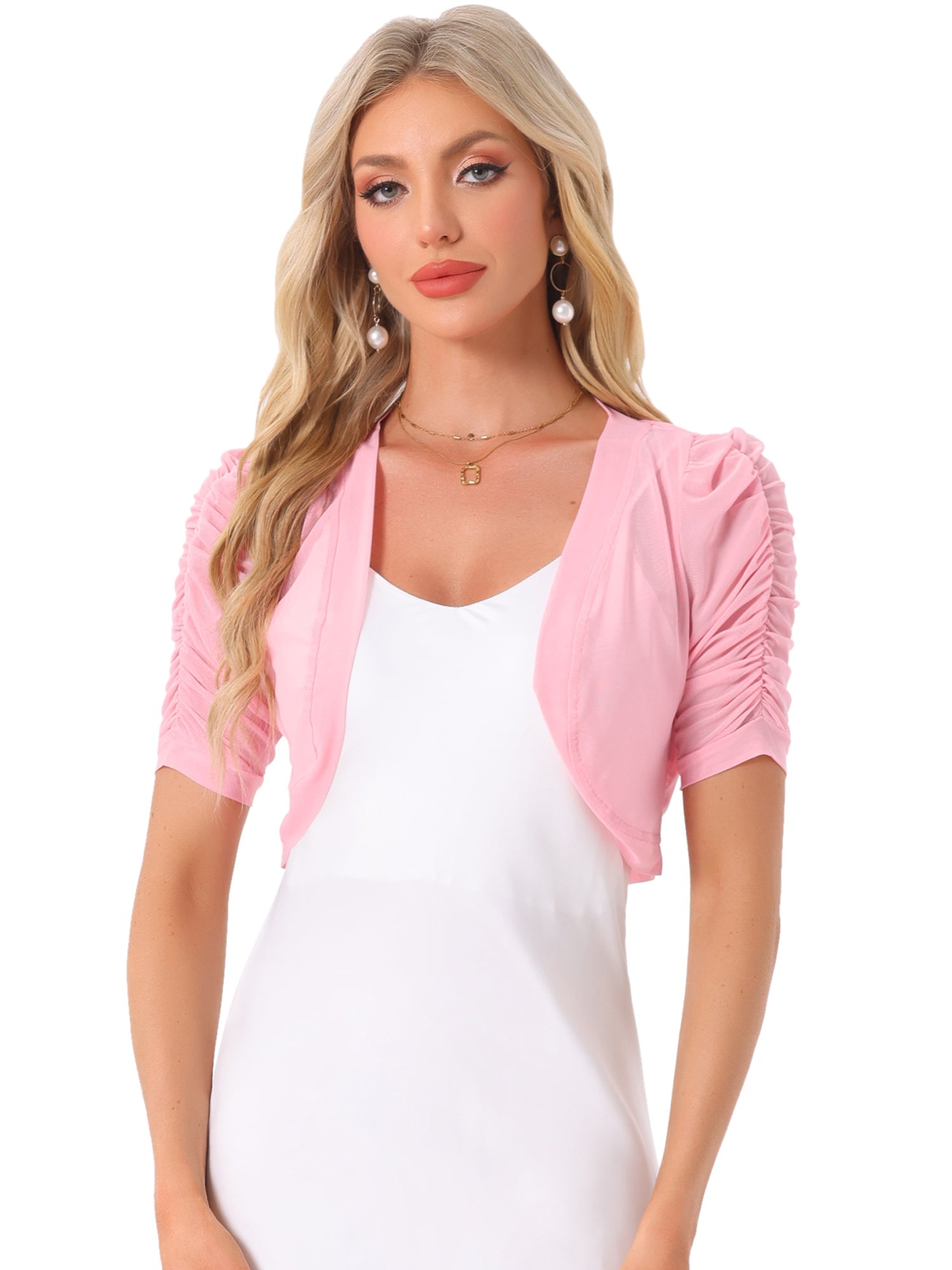 Short Sleeve Open Front Cropped Mesh Sheer Bolero Shrug