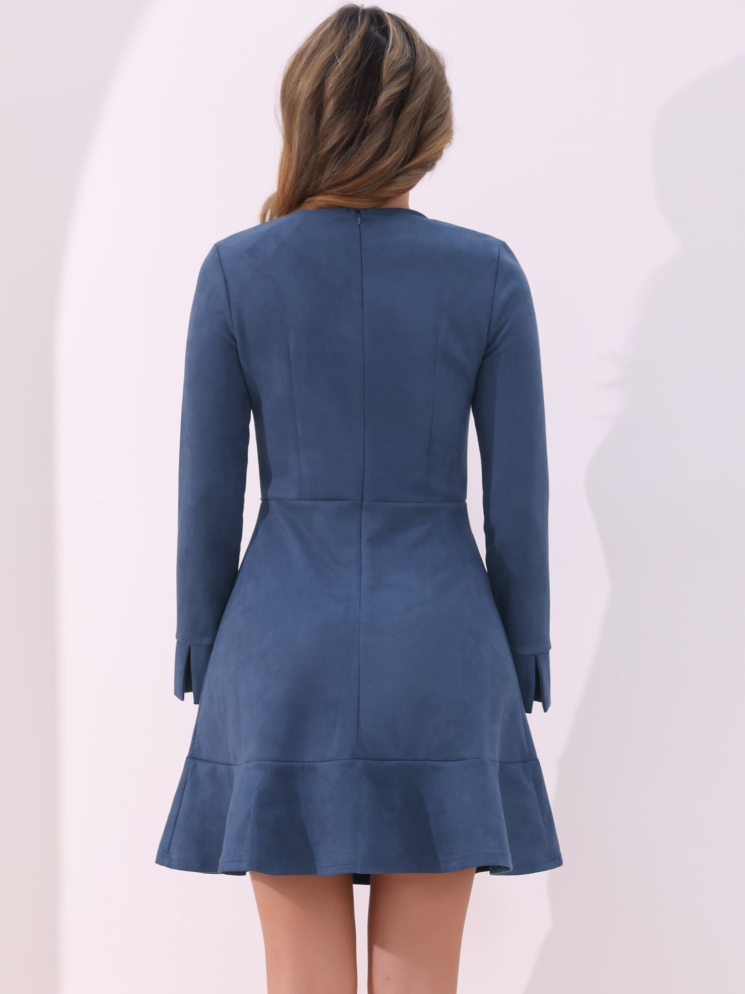 Faux Suede Round Neck Long Sleeve Ruffle Hem Party Mini Dress