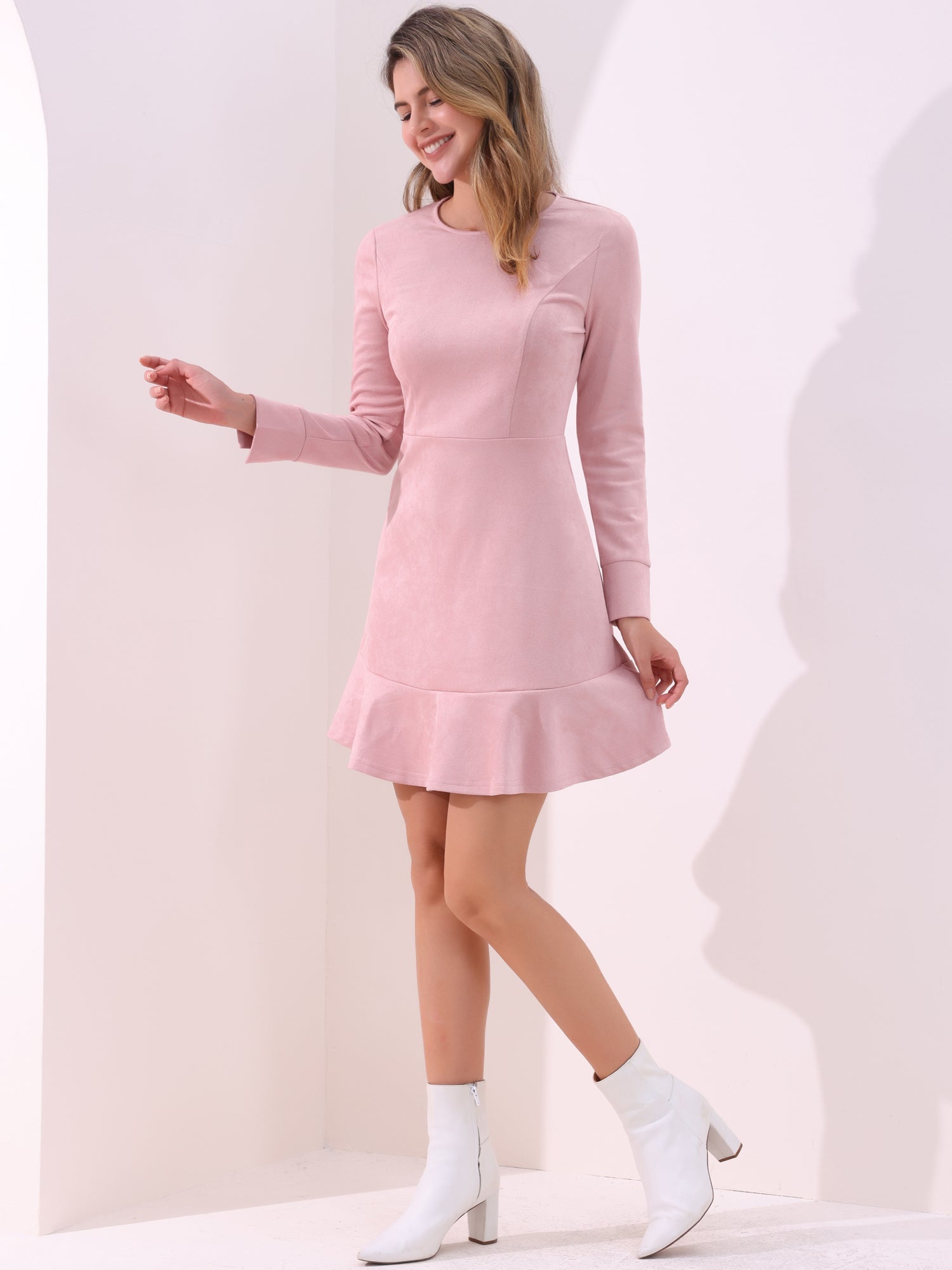 Faux Suede Round Neck Long Sleeve Ruffle Hem Party Mini Dress