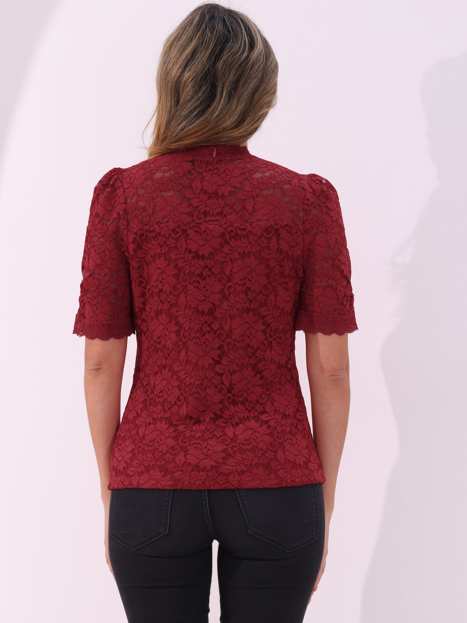 Floral Lace Mock Neck Puff Short Sleeve Blouse