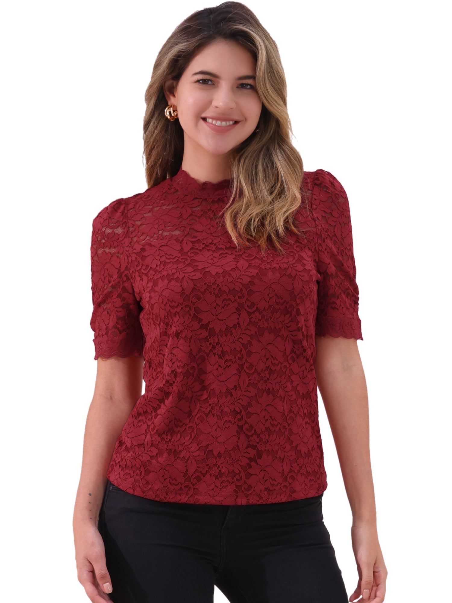Floral Lace Mock Neck Puff Short Sleeve Blouse