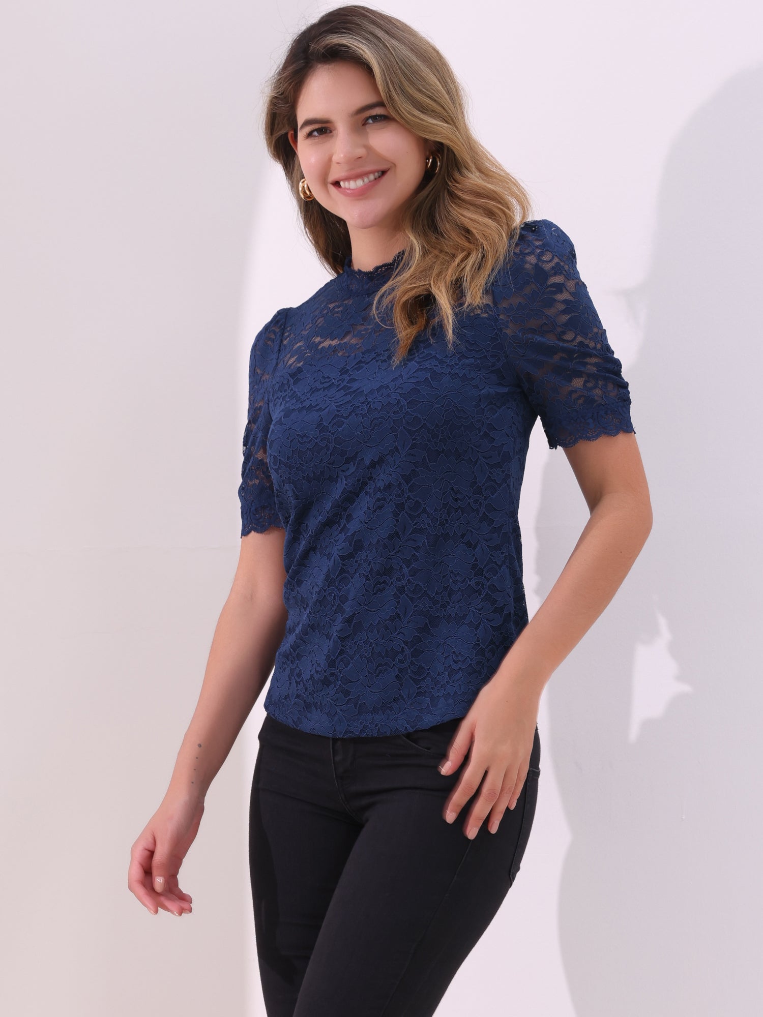 Floral Lace Mock Neck Puff Short Sleeve Blouse