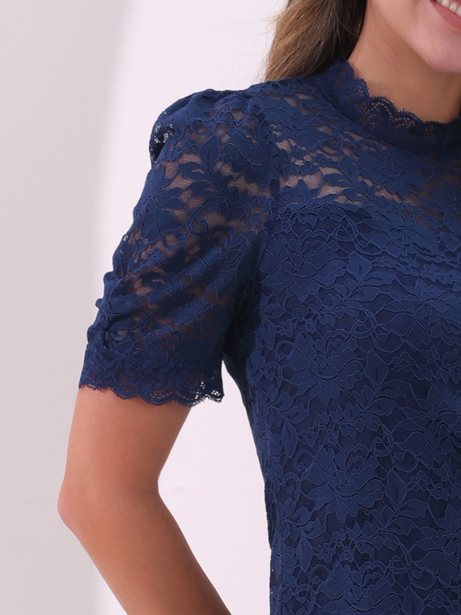 Floral Lace Mock Neck Puff Short Sleeve Blouse