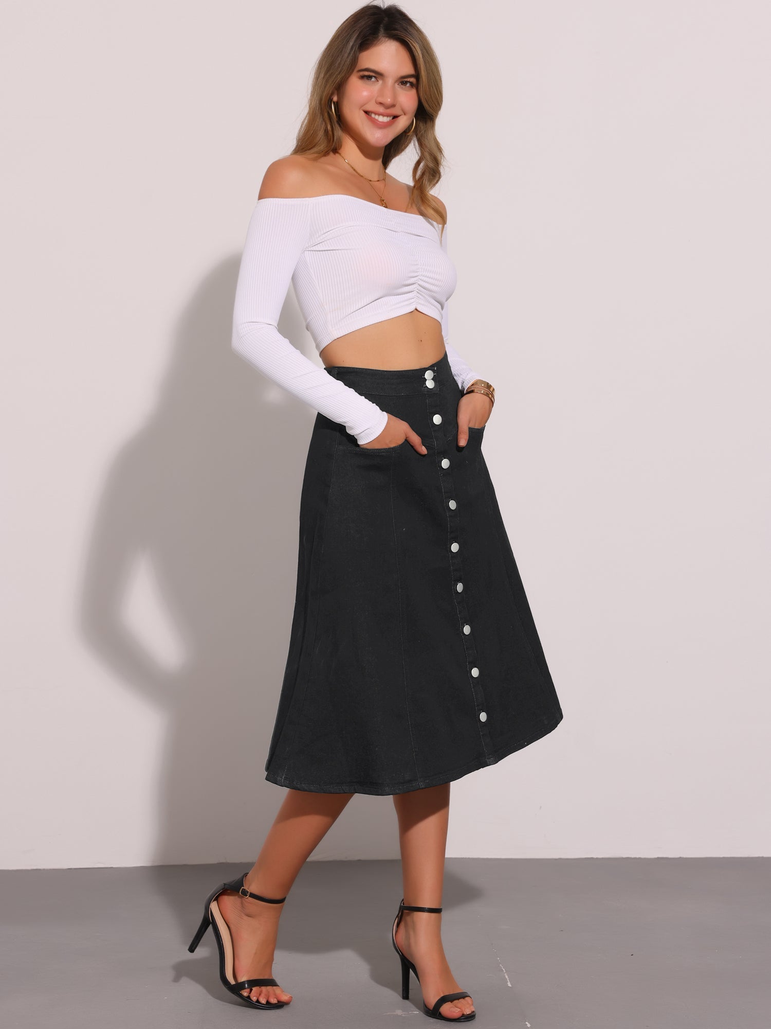 Stretchy High Waist Buttons Front A-Line Flowy Pockets Midi Skirt
