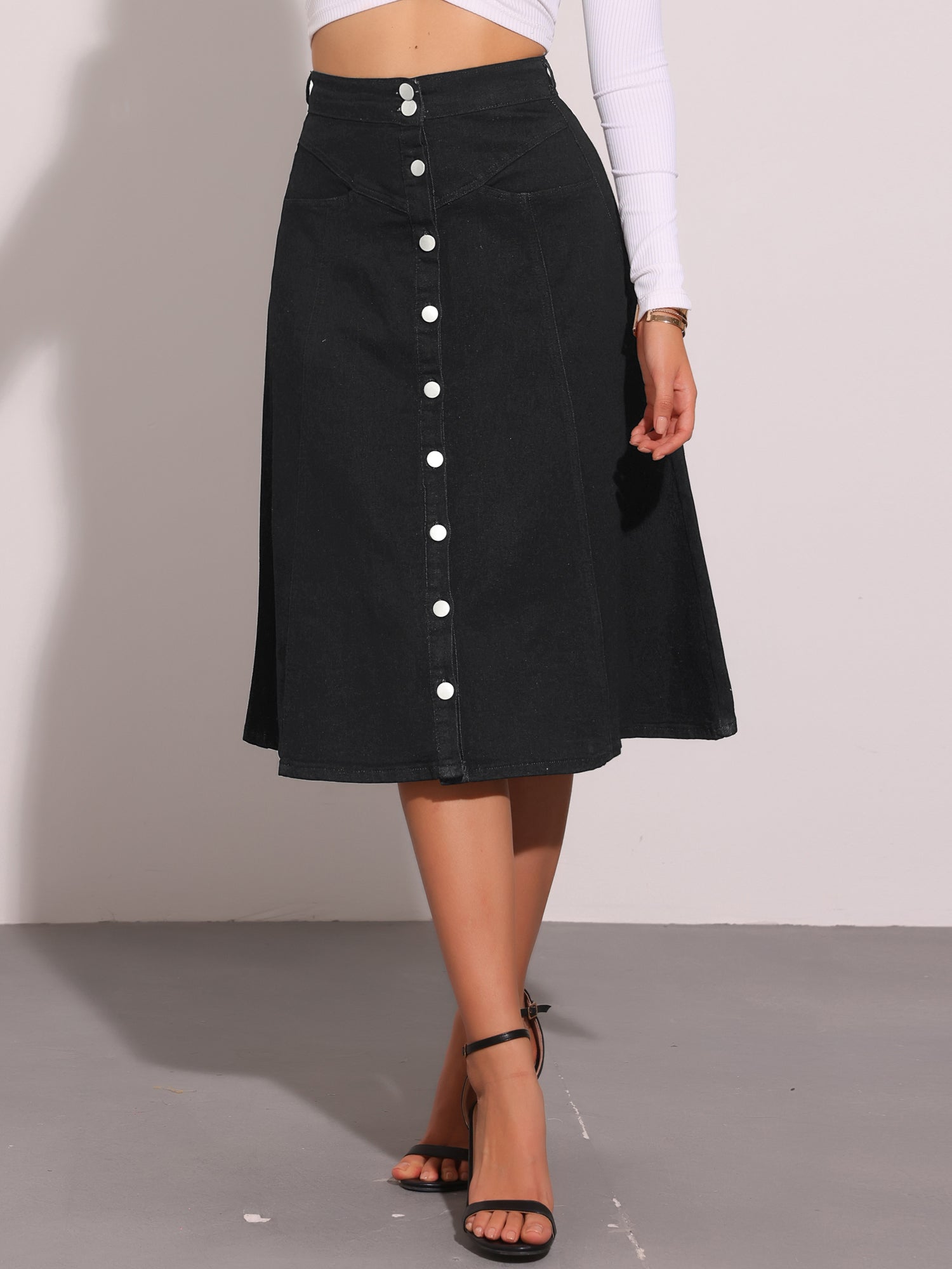 Stretchy High Waist Buttons Front A-Line Flowy Pockets Midi Skirt