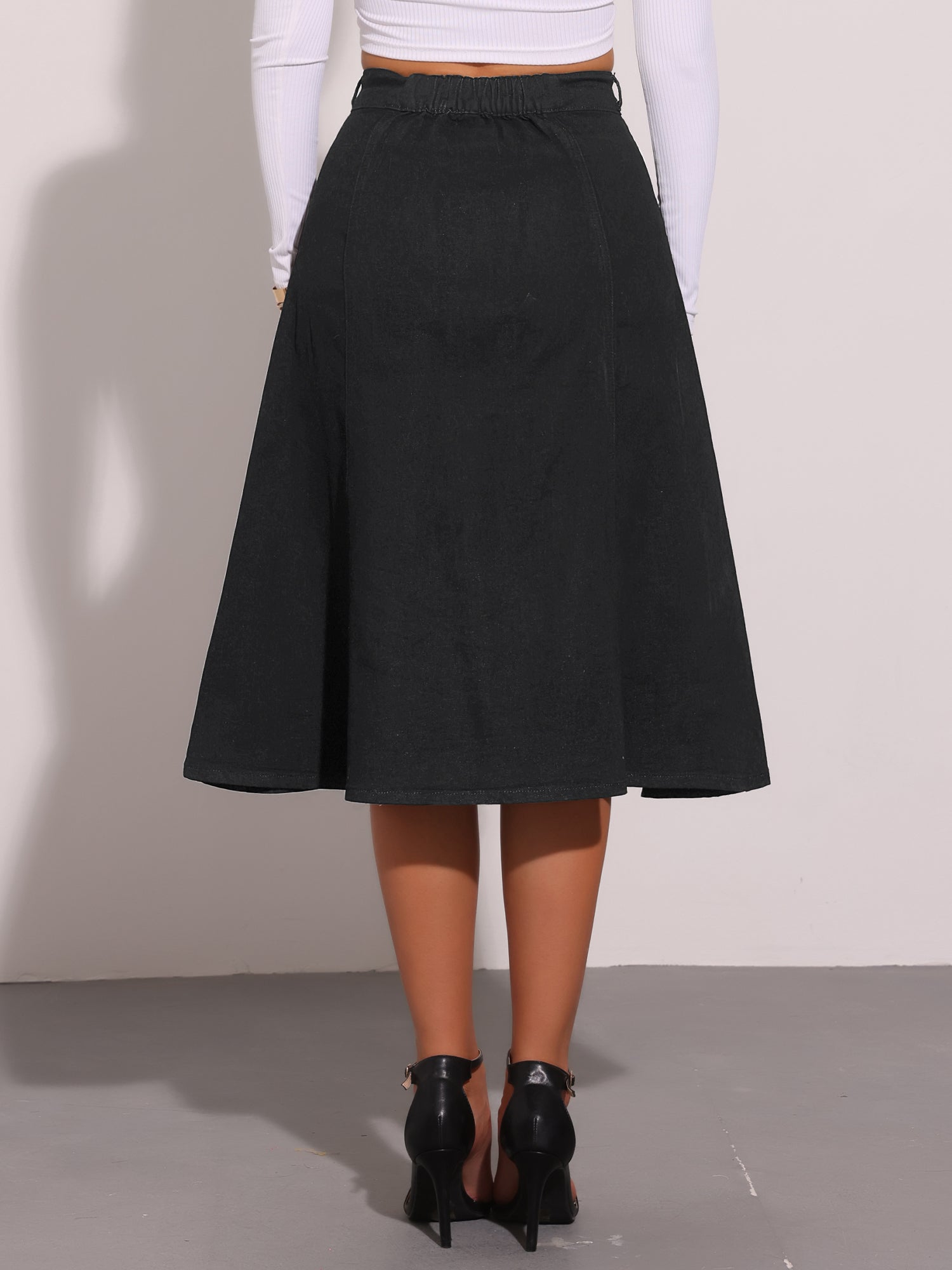 Stretchy High Waist Buttons Front A-Line Flowy Pockets Midi Skirt