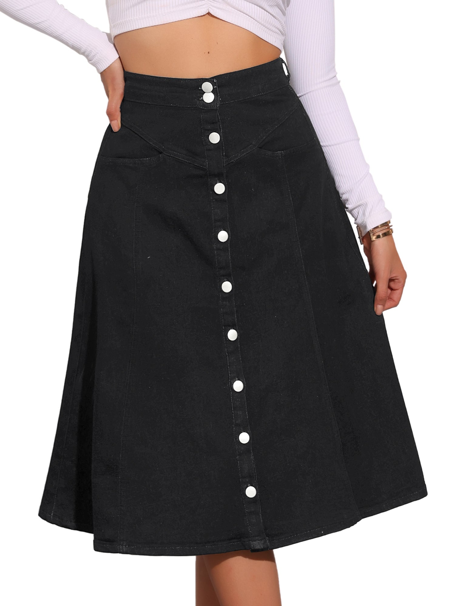 Stretchy High Waist Buttons Front A-Line Flowy Pockets Midi Skirt