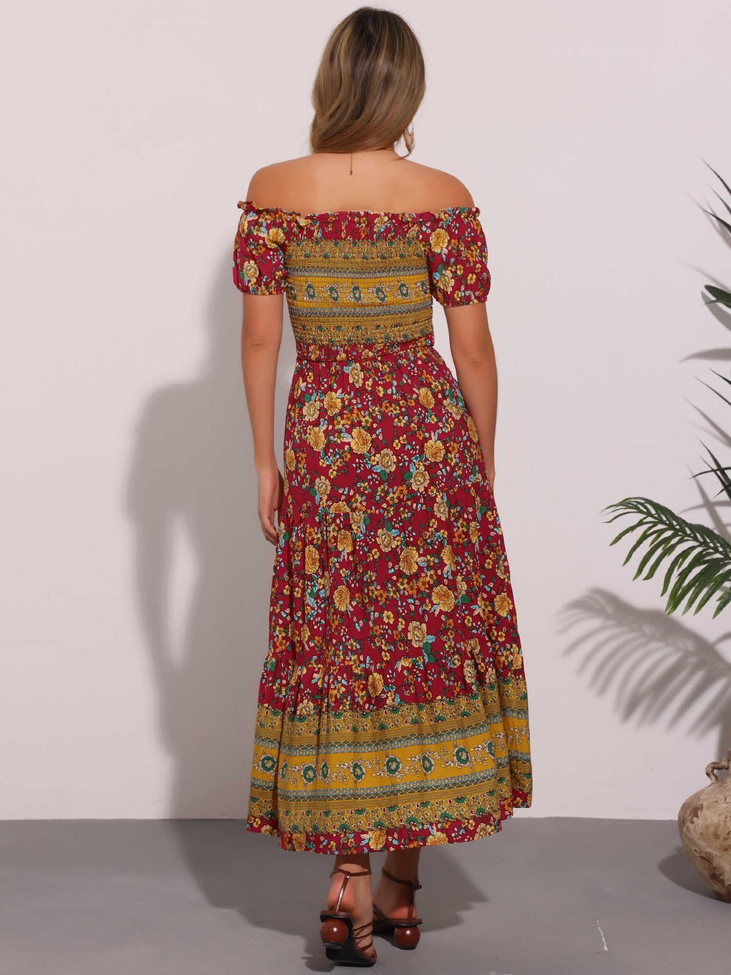 Boho Floral Off Shoulder Puff Sleeves Maxi Smocked Dress