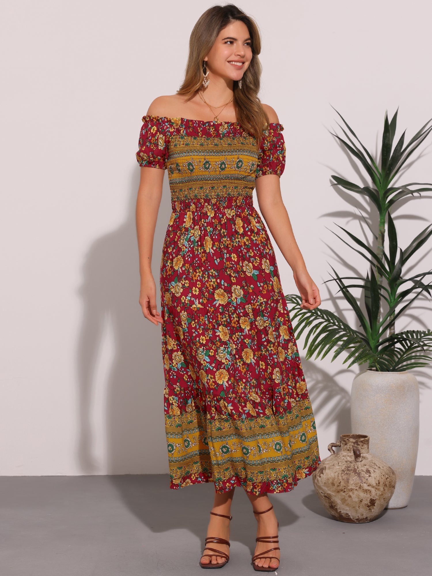 Boho Floral Off Shoulder Puff Sleeves Maxi Smocked Dress