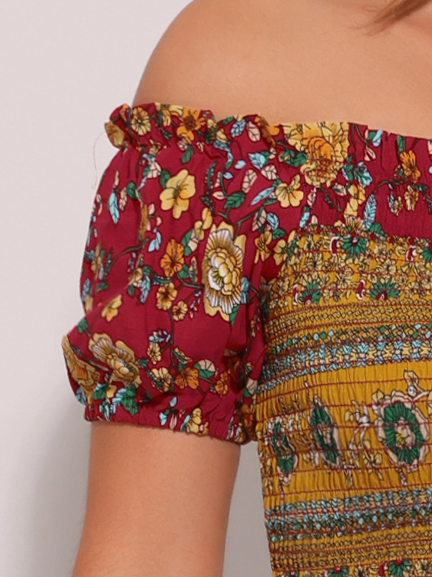 Boho Floral Off Shoulder Puff Sleeves Maxi Smocked Dress