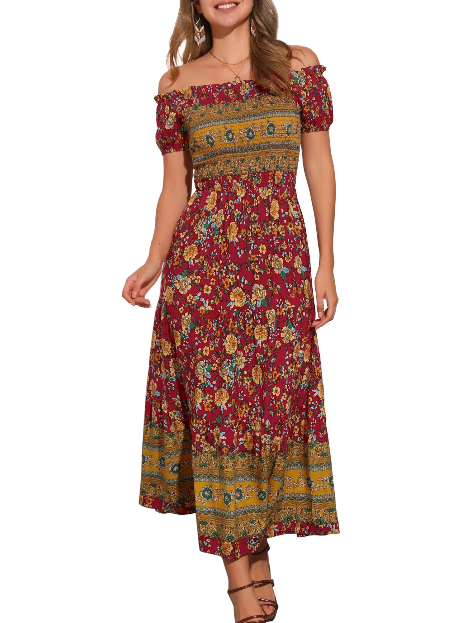 Boho Floral Off Shoulder Puff Sleeves Maxi Smocked Dress