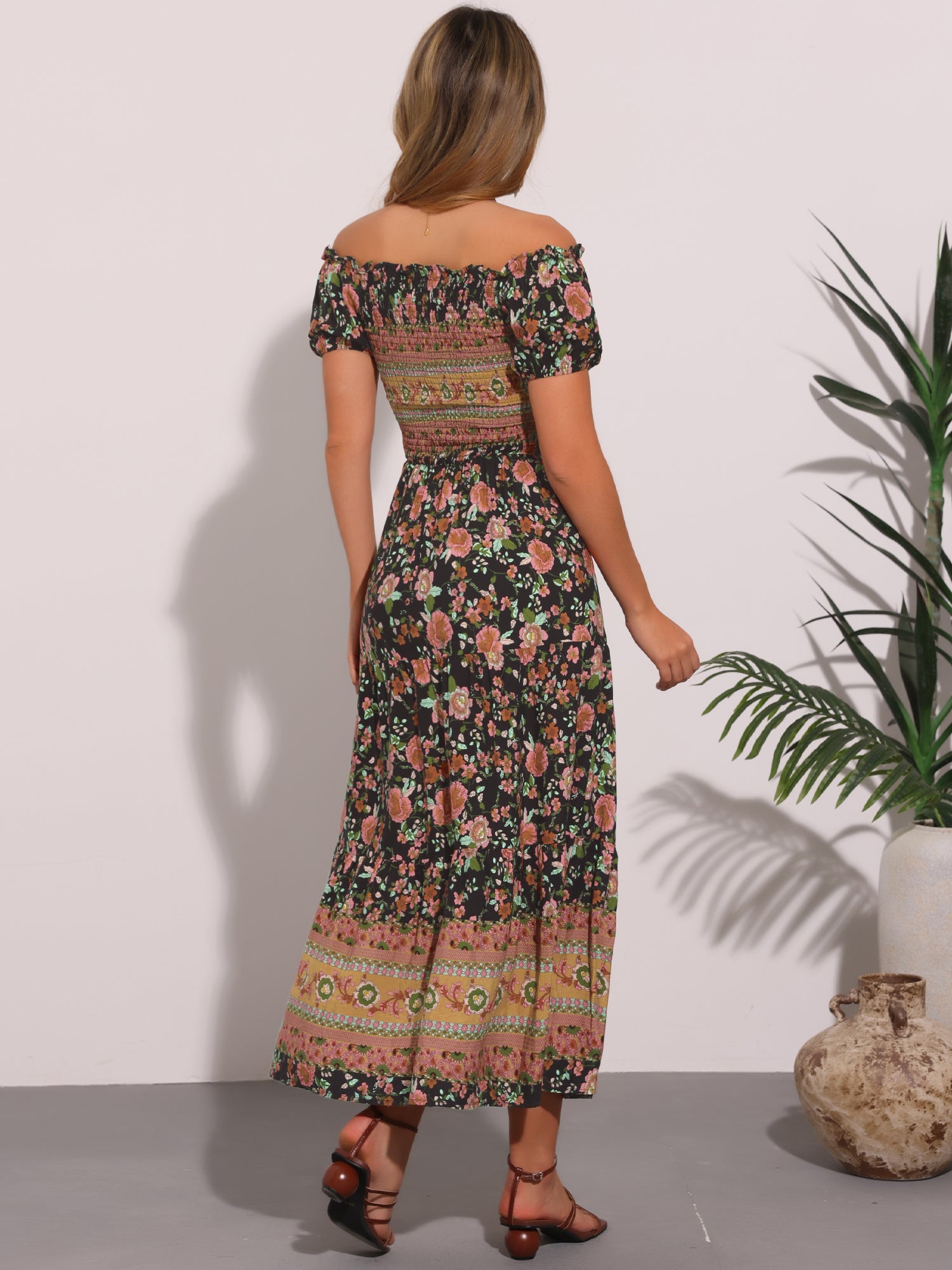 Boho Floral Off Shoulder Puff Sleeves Maxi Smocked Dress