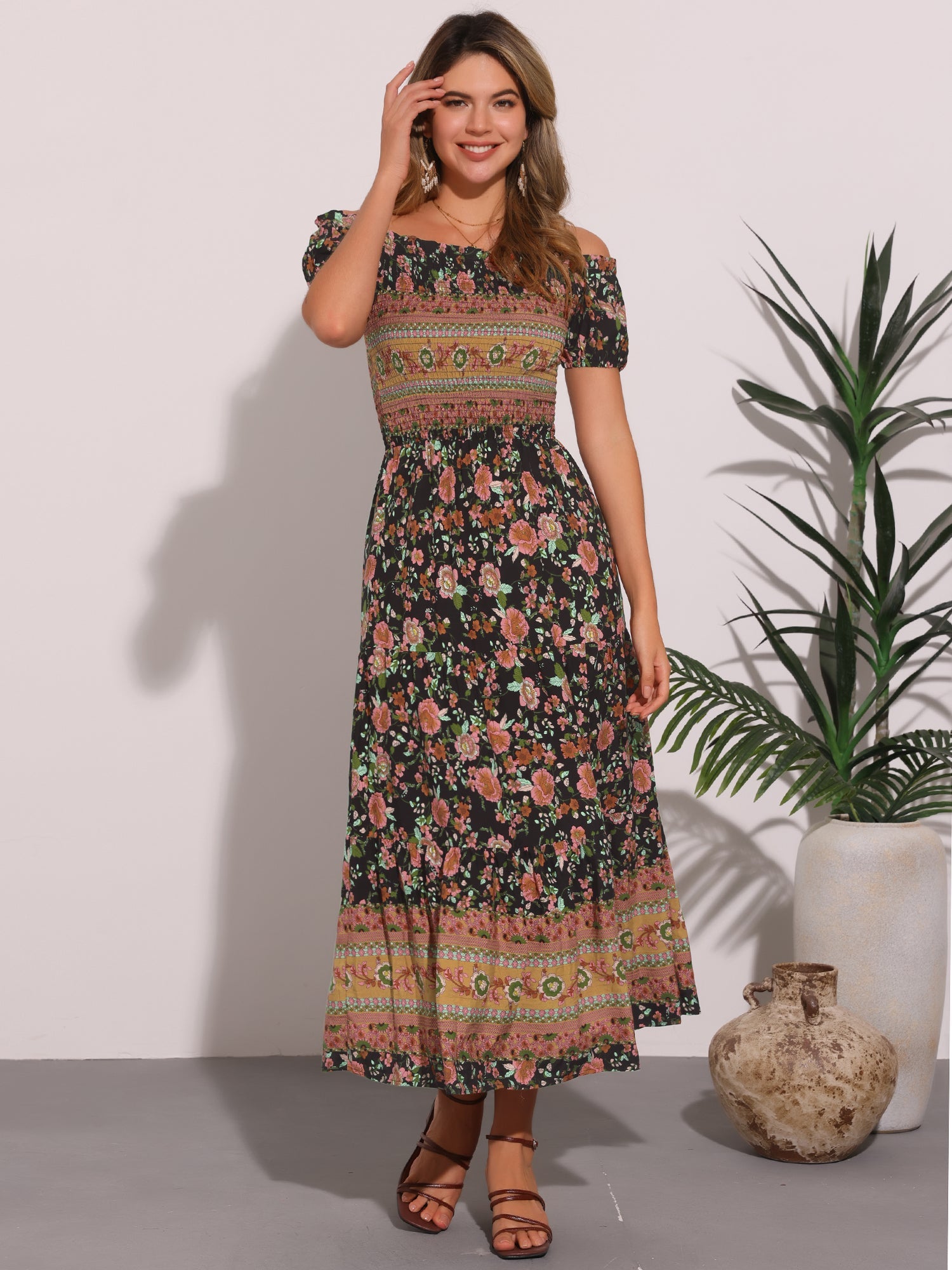 Boho Floral Off Shoulder Puff Sleeves Maxi Smocked Dress