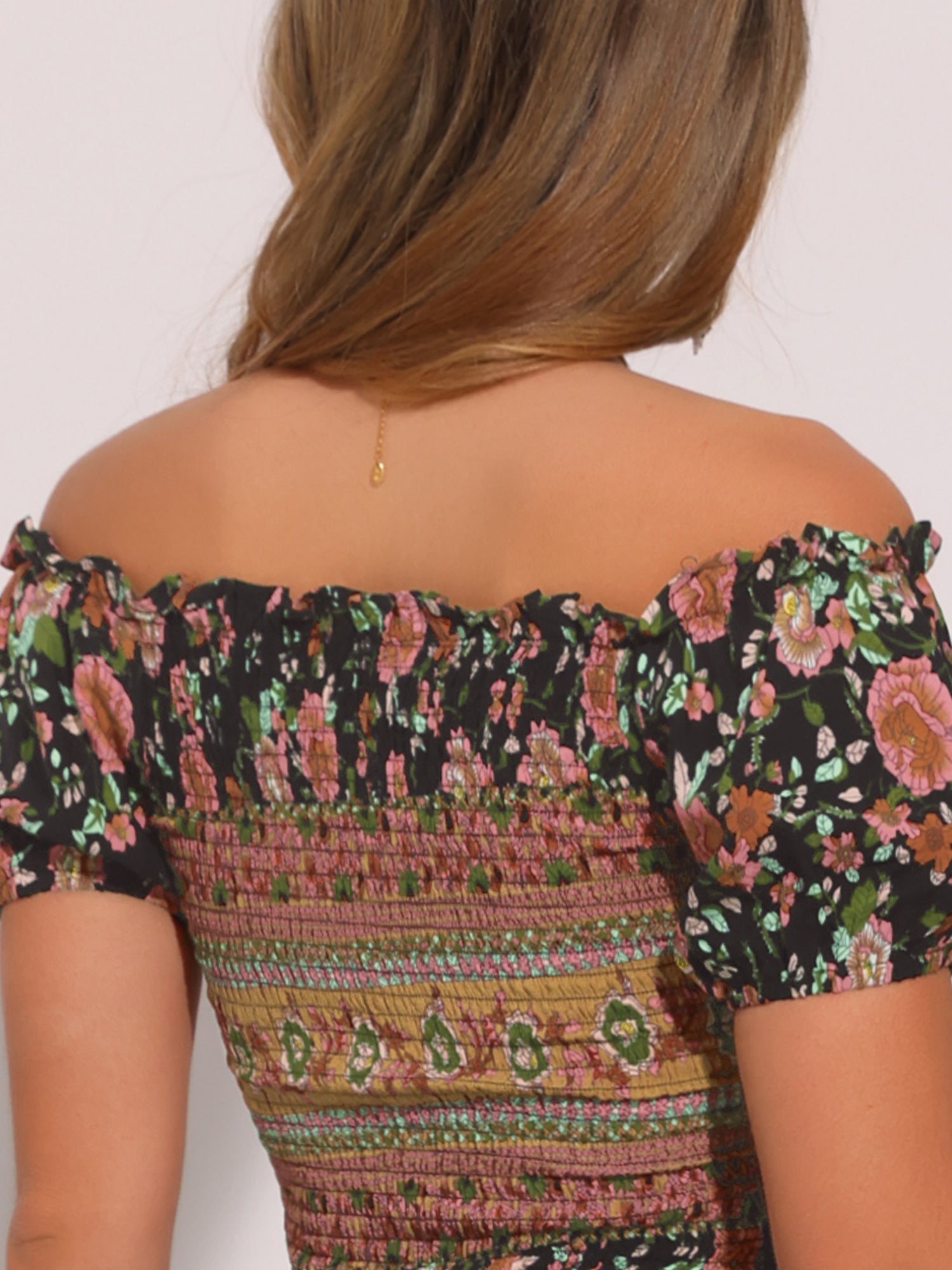 Boho Floral Off Shoulder Puff Sleeves Maxi Smocked Dress