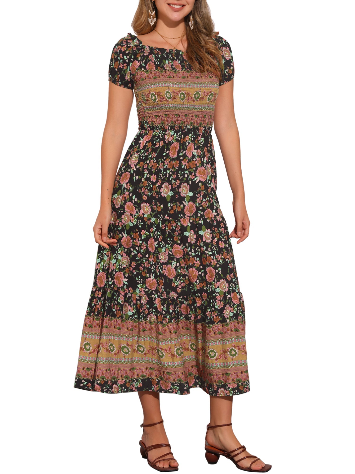 Boho Floral Off Shoulder Puff Sleeves Maxi Smocked Dress