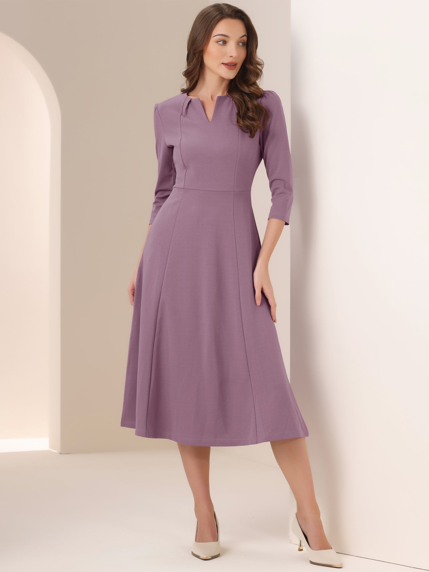 Notch Neck 3/4 Sleeve Pocketed Solid A-Line Work Dress
