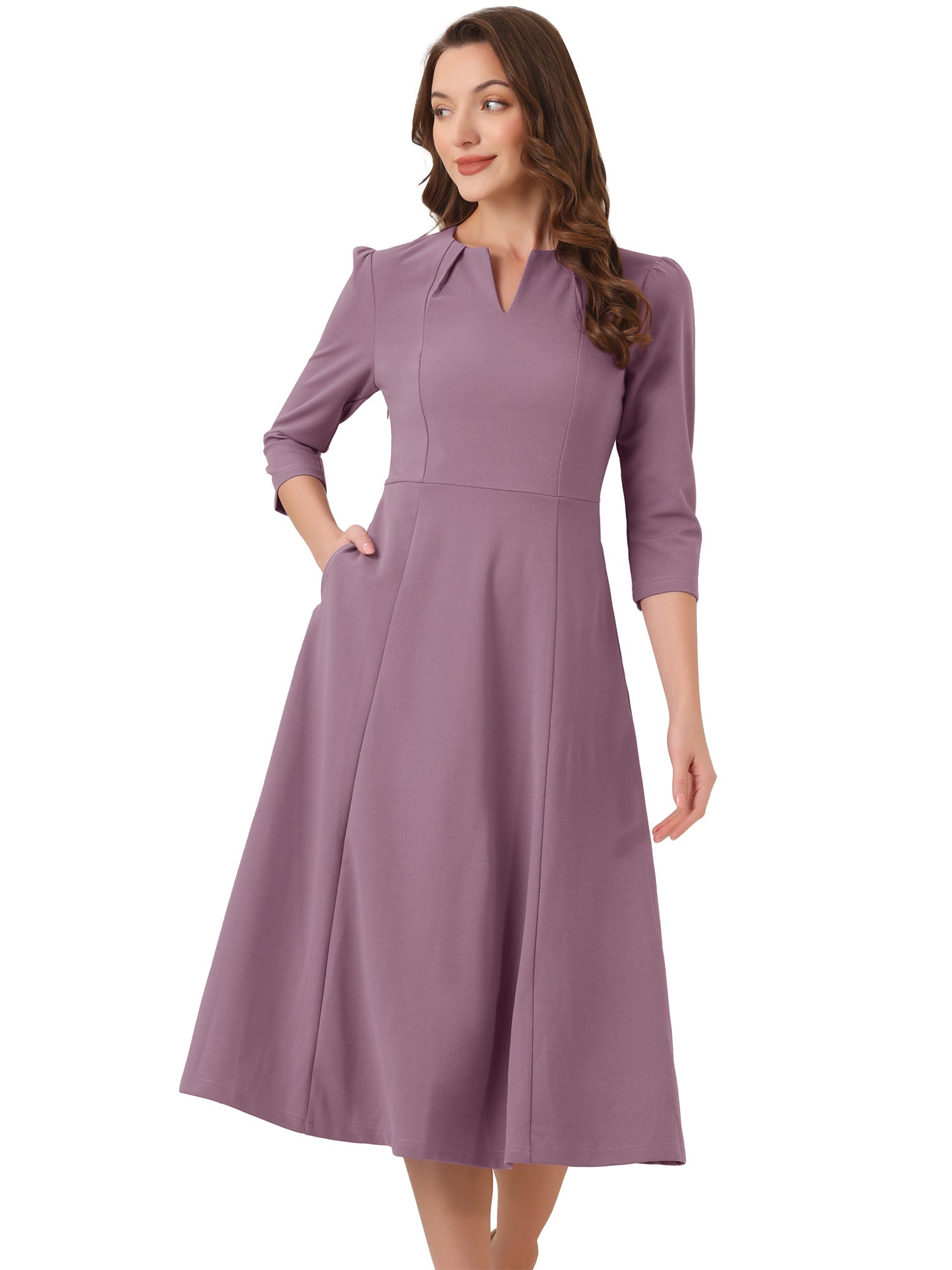 Notch Neck 3/4 Sleeve Pocketed Solid A-Line Work Dress