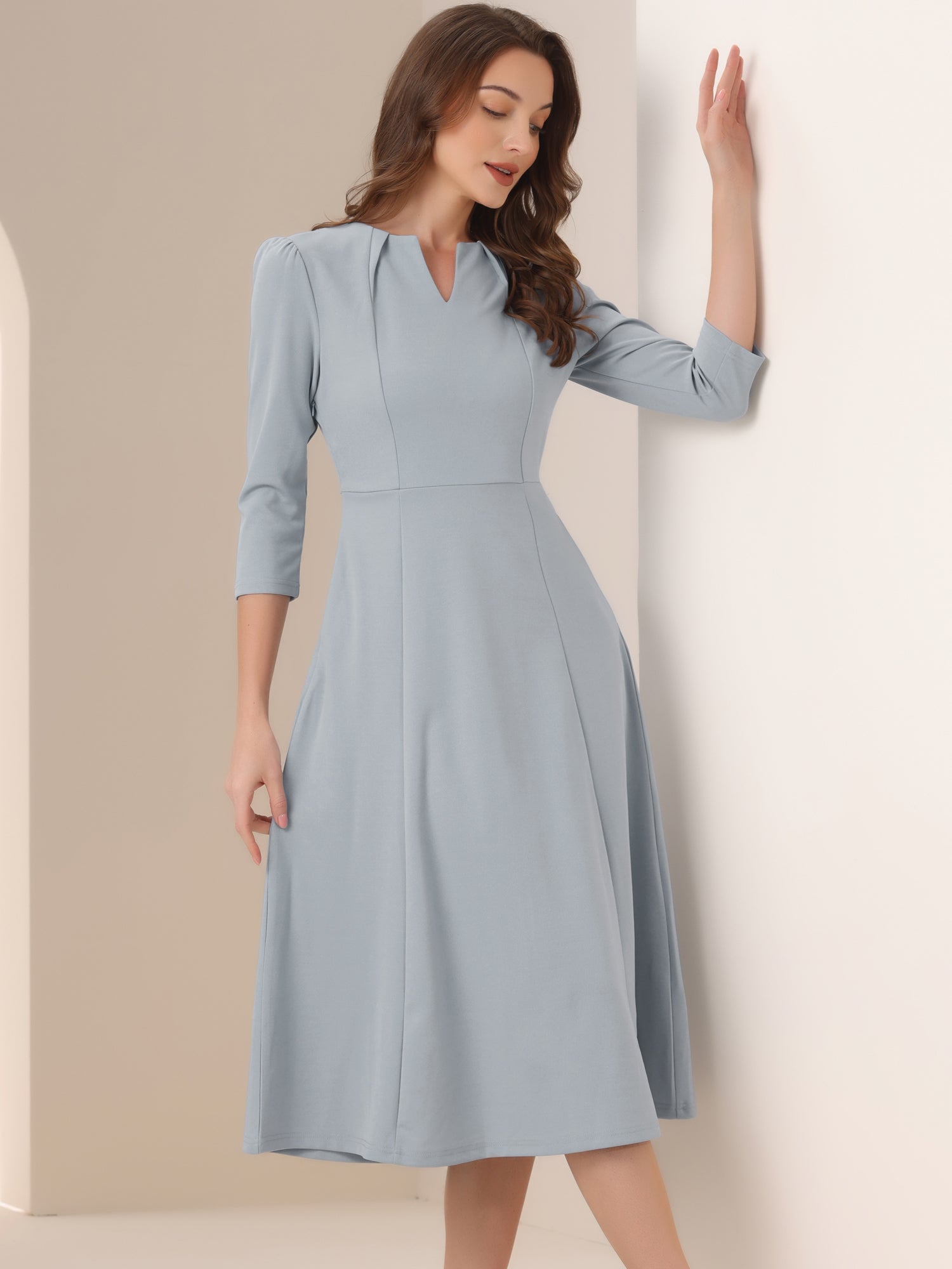 Notch Neck 3/4 Sleeve Pocketed Solid A-Line Work Dress