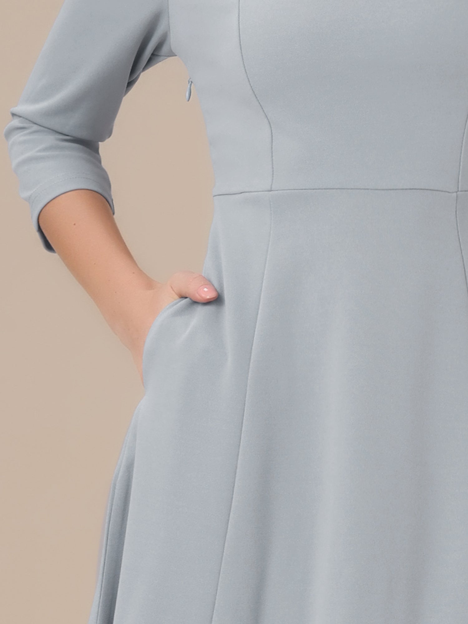 Notch Neck 3/4 Sleeve Pocketed Solid A-Line Work Dress