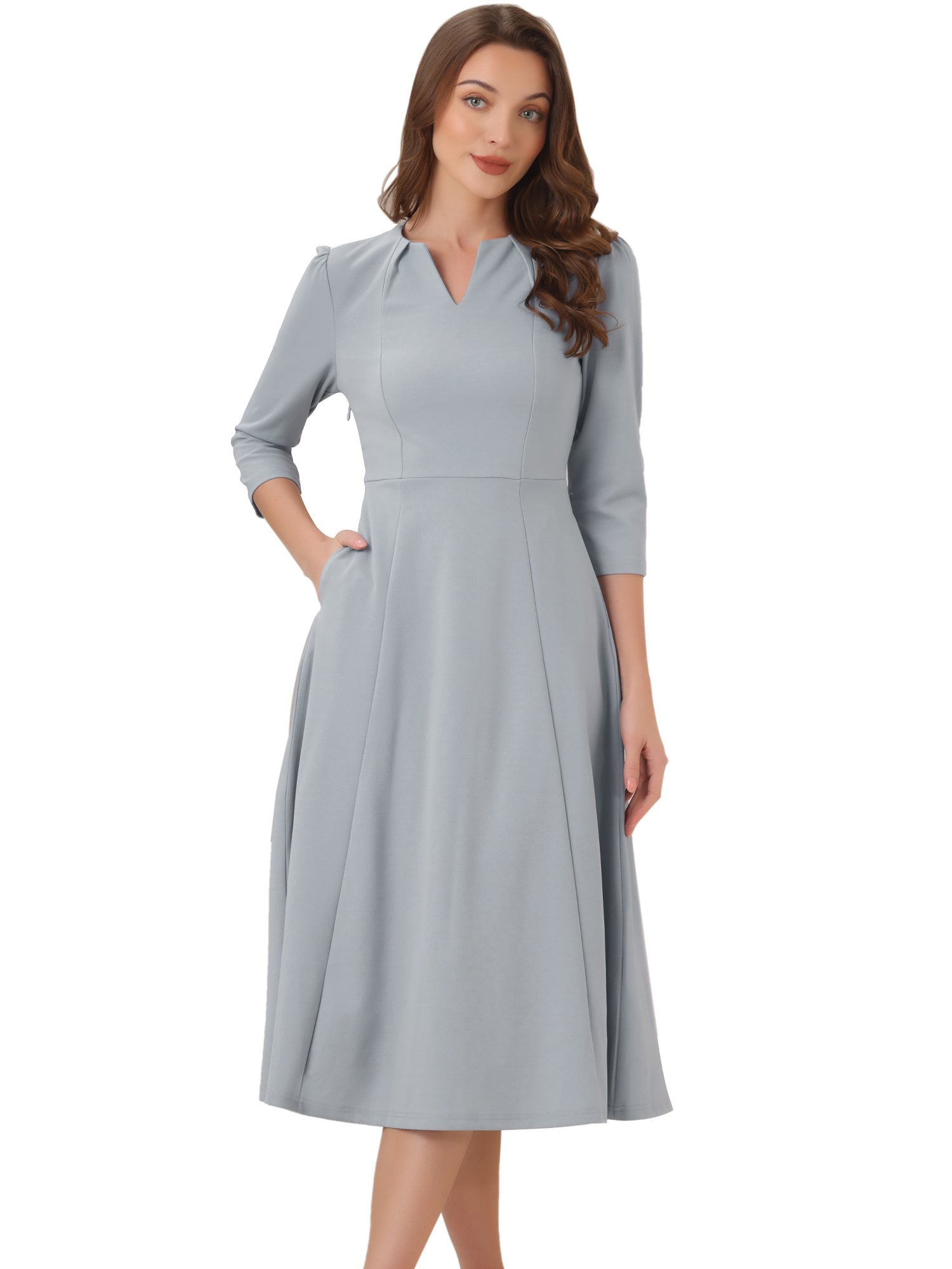 Notch Neck 3/4 Sleeve Pocketed Solid A-Line Work Dress