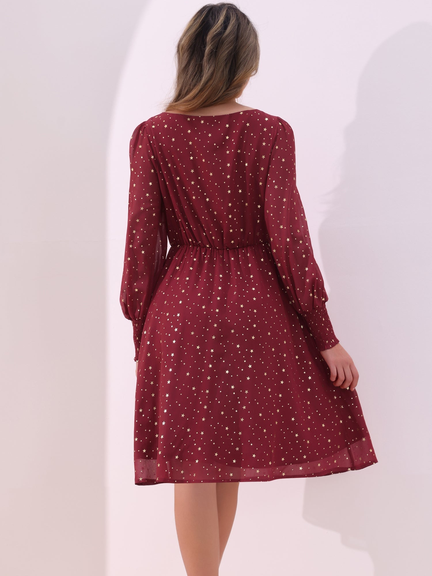 Puff Long Sleeve Metallic Stars Boat Neck Pockets Mesh Midi Dress