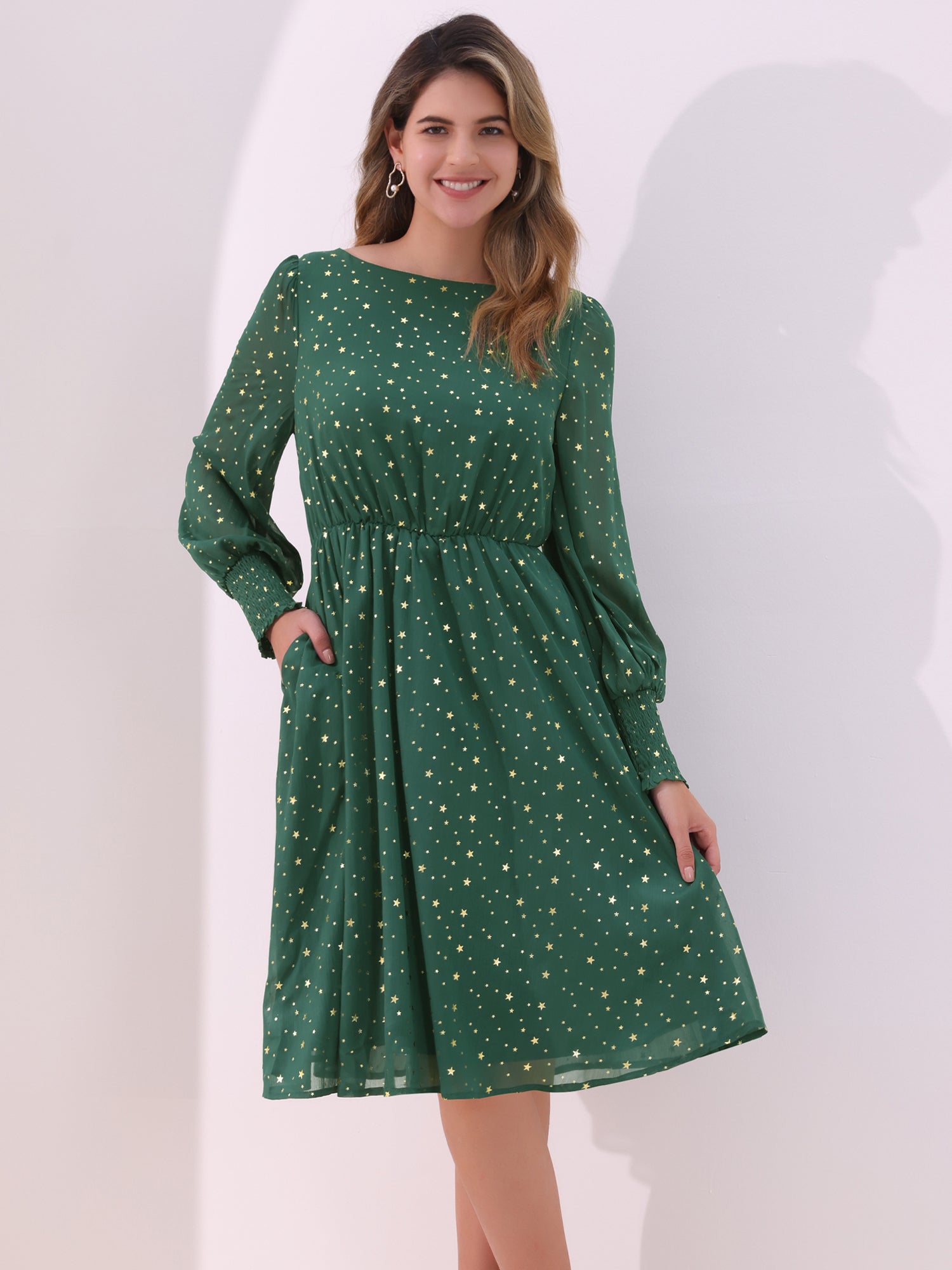Puff Long Sleeve Metallic Stars Boat Neck Pockets Mesh Midi Dress