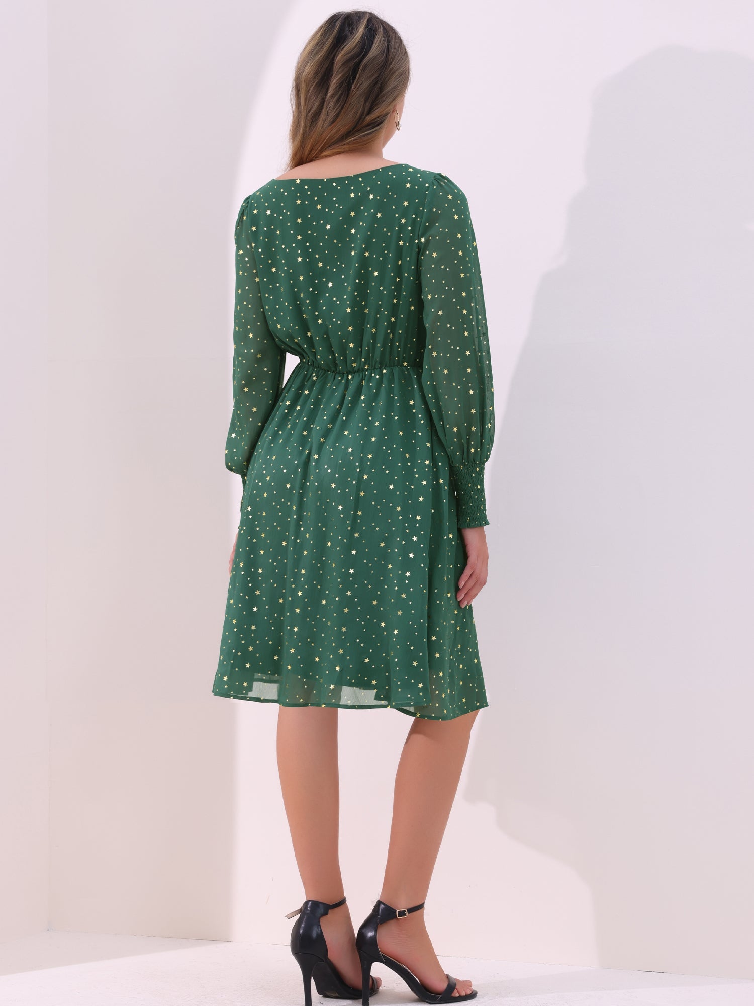 Puff Long Sleeve Metallic Stars Boat Neck Pockets Mesh Midi Dress