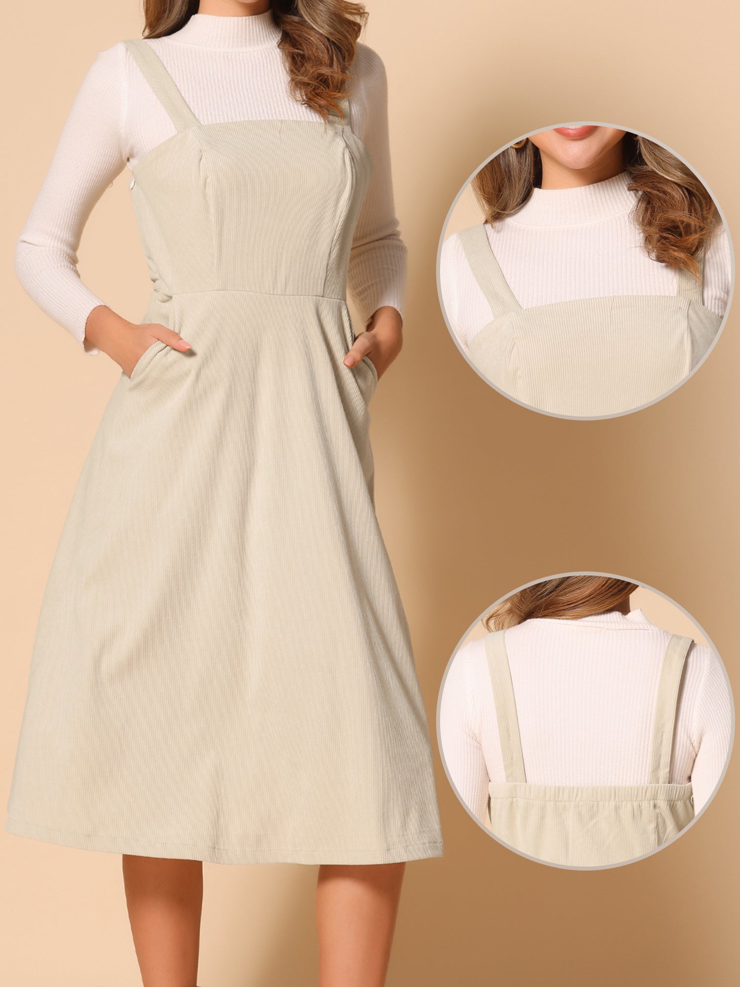 Corduroy Pockets A-Line Sleeveless Casual Midi Pinafore Dress