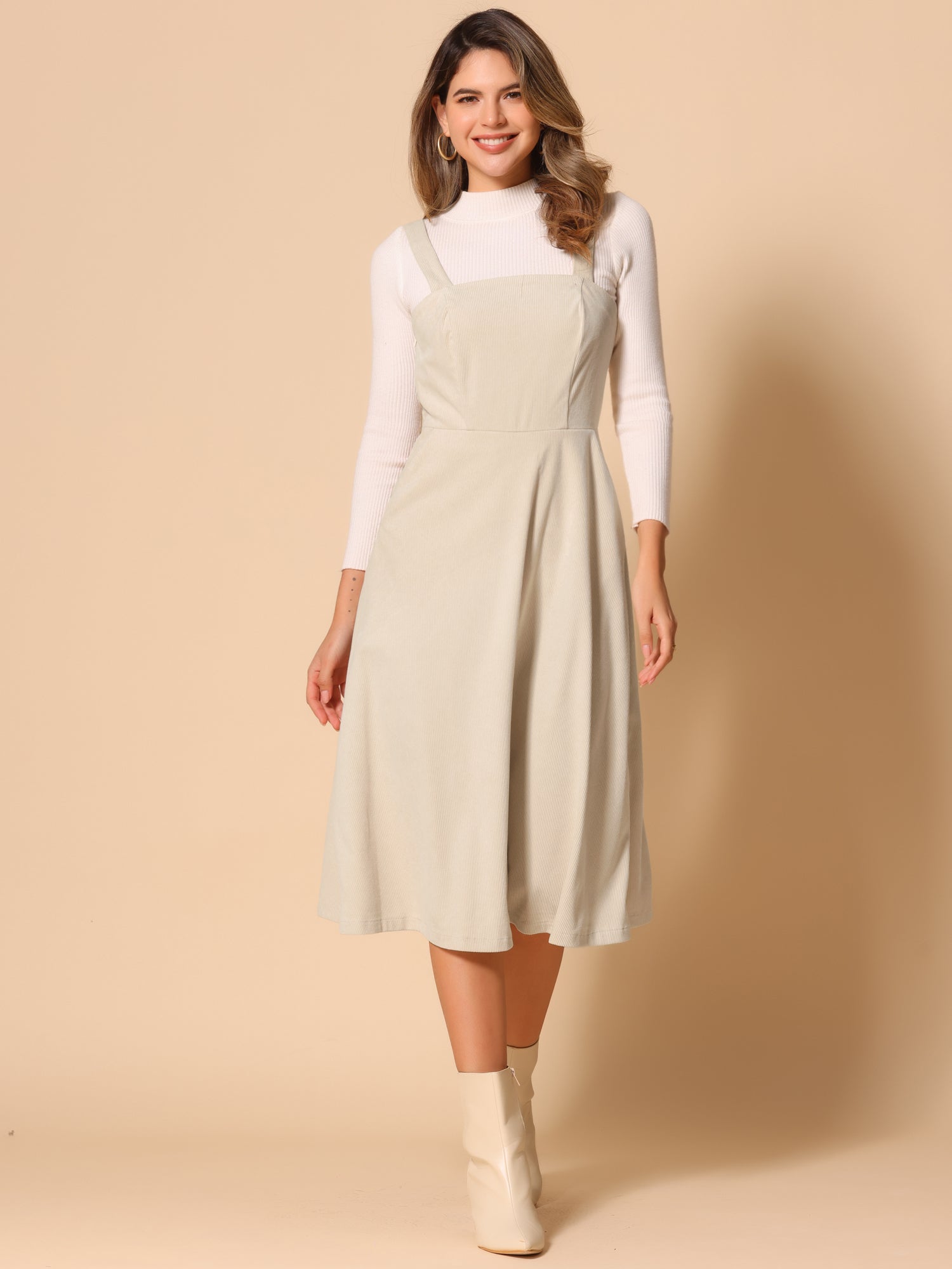 Corduroy Pockets A-Line Sleeveless Casual Midi Pinafore Dress