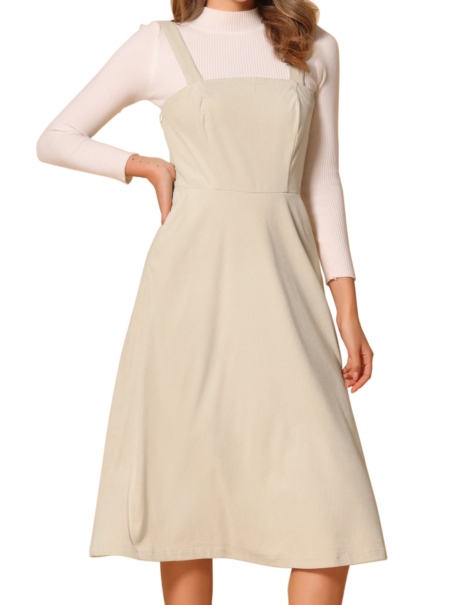 Corduroy Pockets A-Line Sleeveless Casual Midi Pinafore Dress