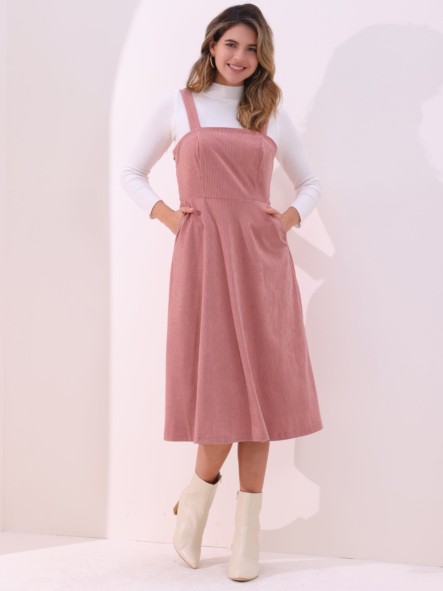 Corduroy Pockets A-Line Sleeveless Casual Midi Pinafore Dress