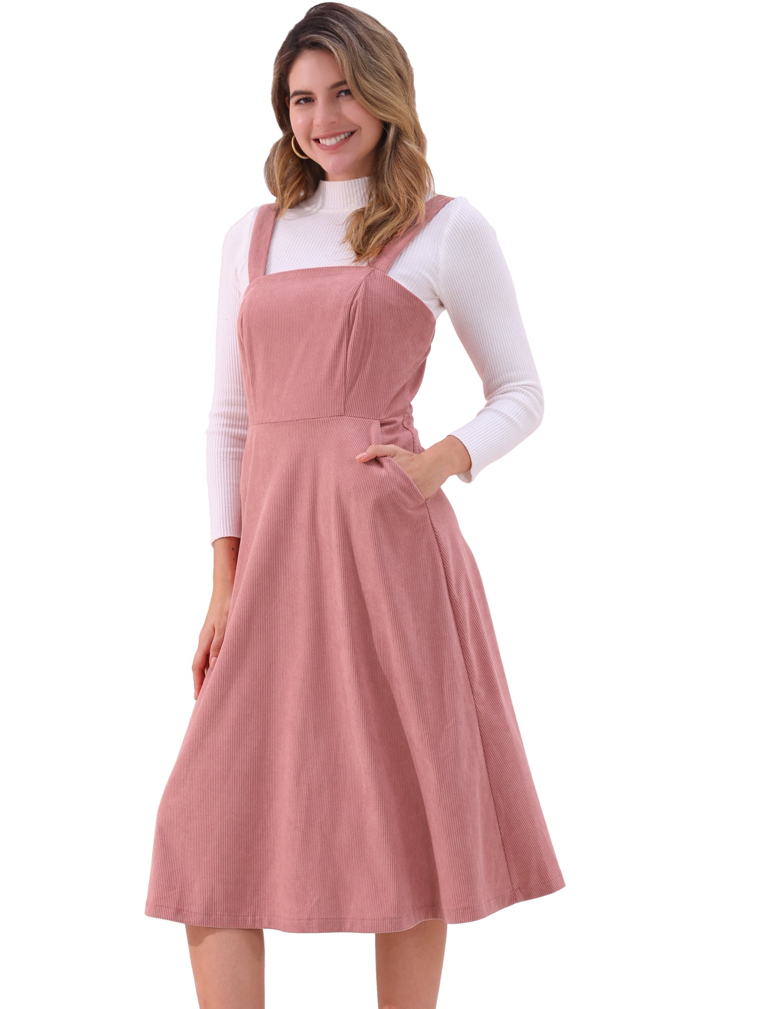 Corduroy Pockets A-Line Sleeveless Casual Midi Pinafore Dress