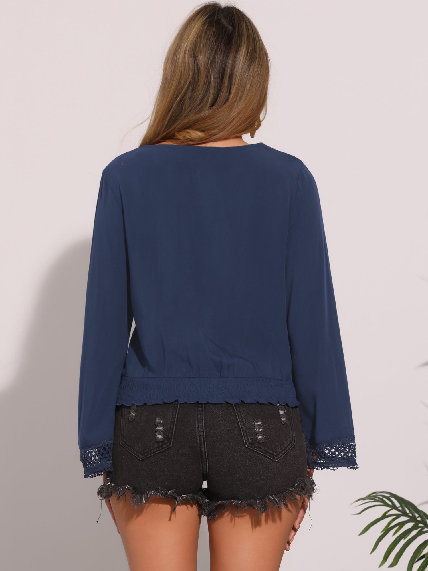 Boho Beach Blouse Bell Sleeve Lace Trim Tie Neck Peasant Smocked Top