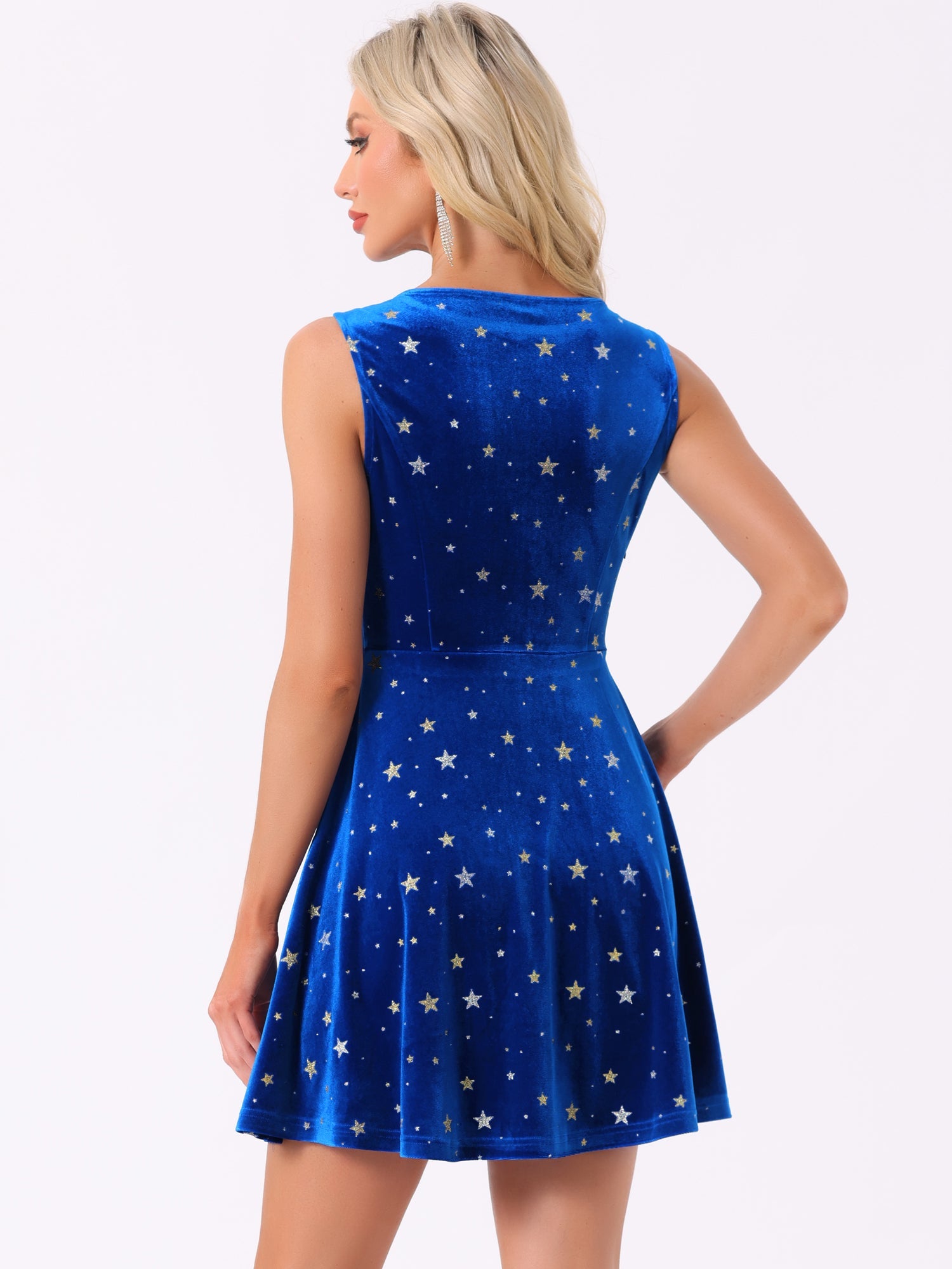 Shiny Stars Print Sleeveless Swing Mini Velvet Dress