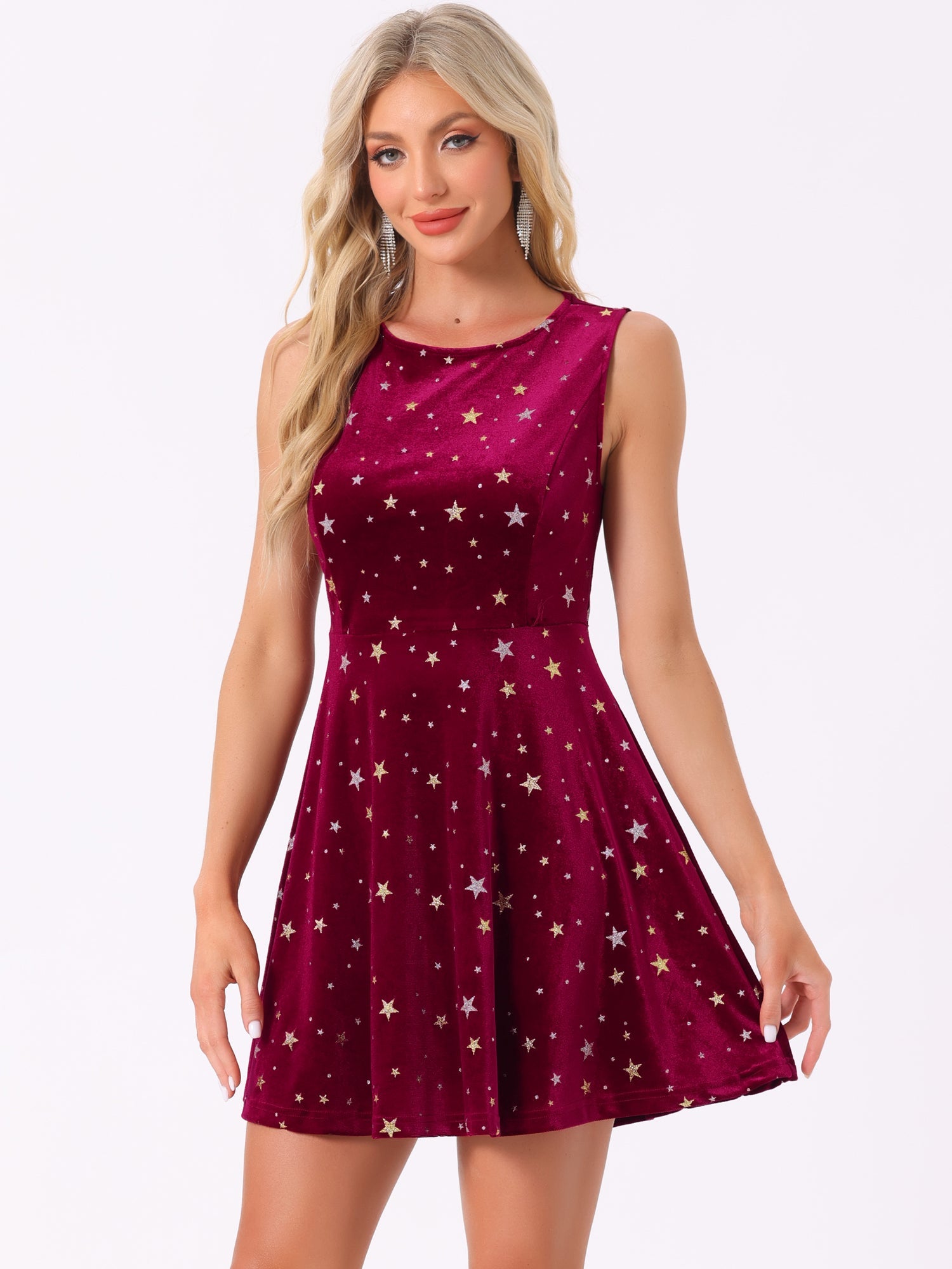 Shiny Stars Print Sleeveless Swing Mini Velvet Dress