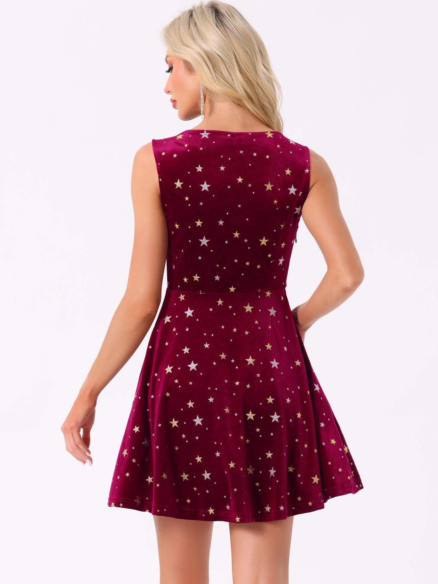 Shiny Stars Print Sleeveless Swing Mini Velvet Dress