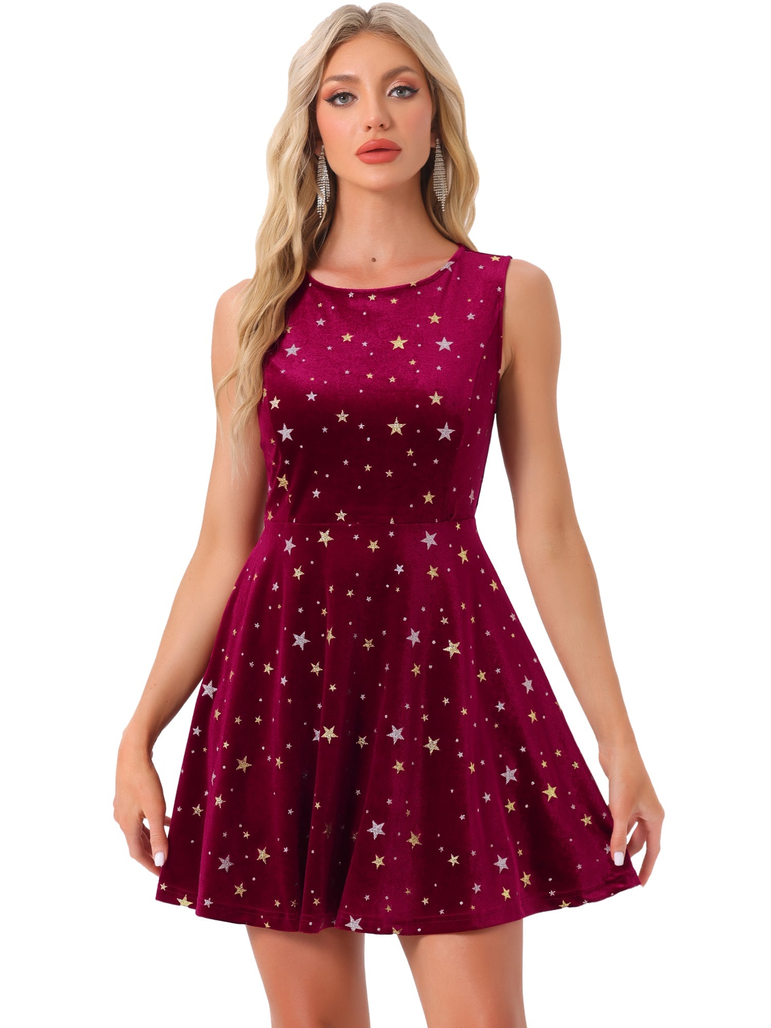 Shiny Stars Print Sleeveless Swing Mini Velvet Dress